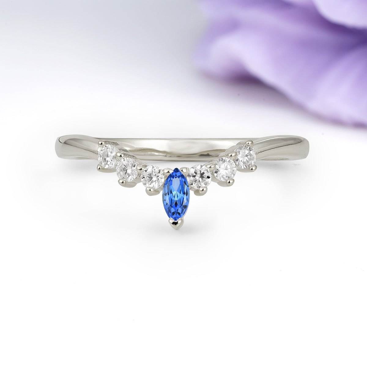 Classic, Minimalist 3-Prong Marquise Cut Sapphire Wedding Ring - Additional view