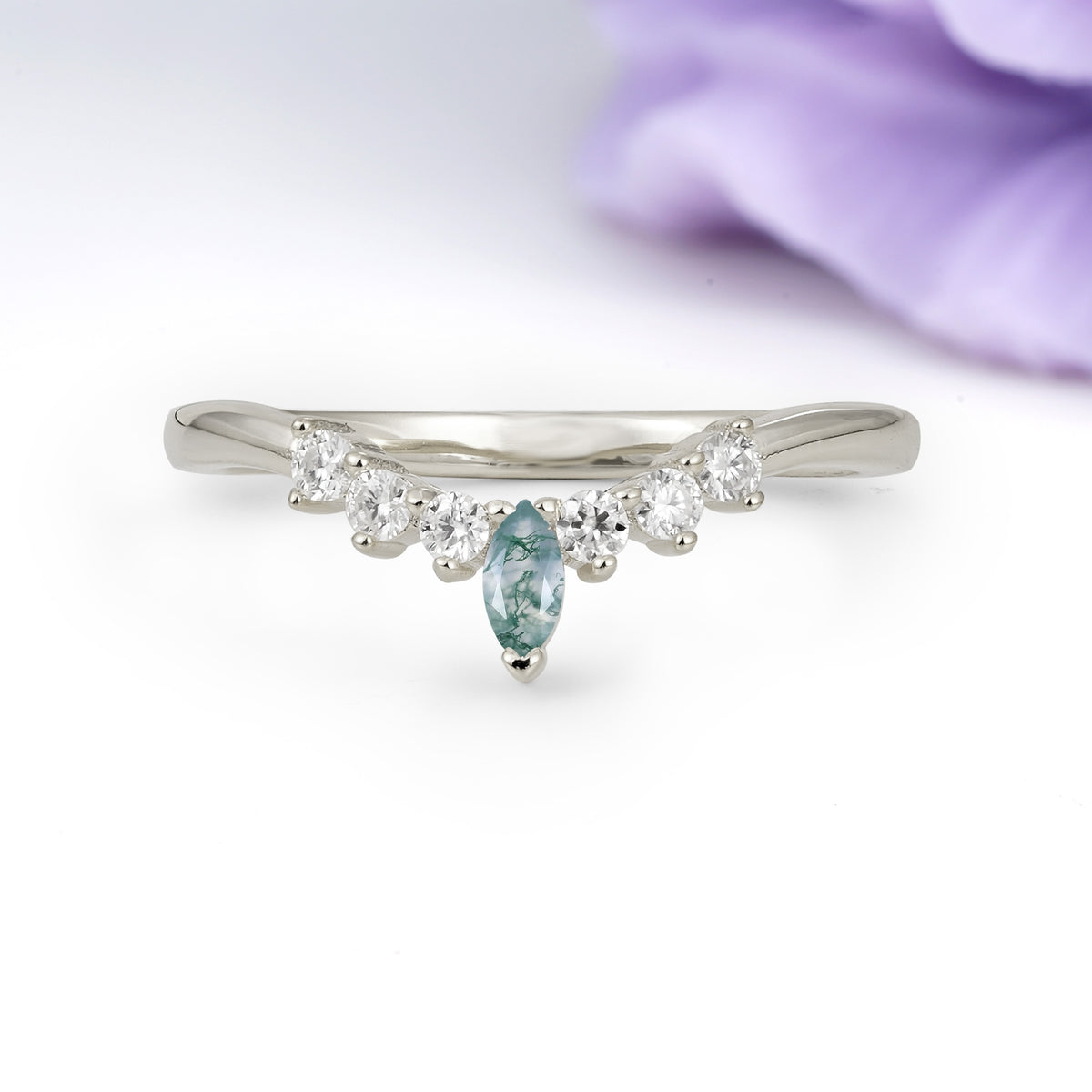Classic, Minimalist 3-Prong Marquise Cut Moss Agate Wedding Ring - Additional view
