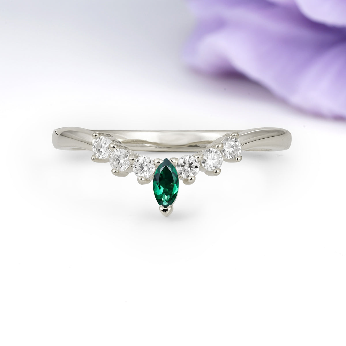 Classic, Minimalist 3-Prong Marquise Cut Emerald Wedding Ring - Additional view