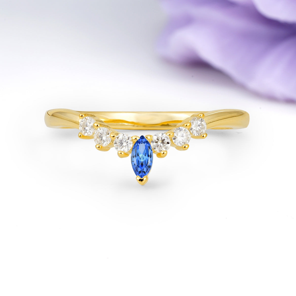 Classic, Minimalist 3-Prong Marquise Cut Sapphire Wedding Ring - Additional view