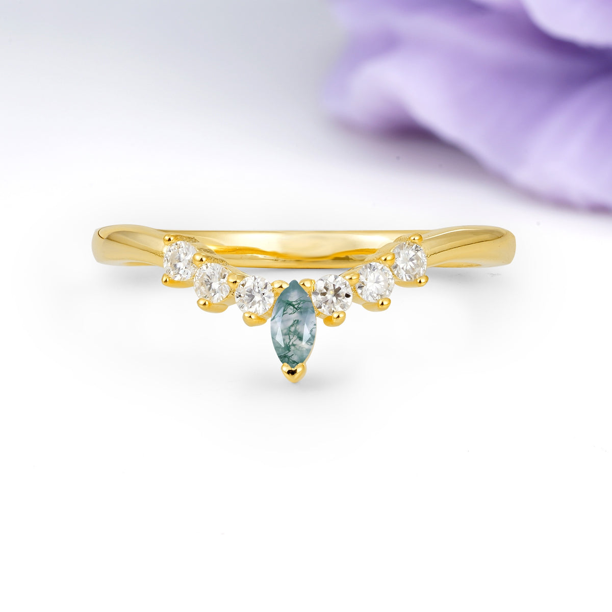 Classic, Minimalist 3-Prong Marquise Cut Moss Agate Wedding Ring - Additional view