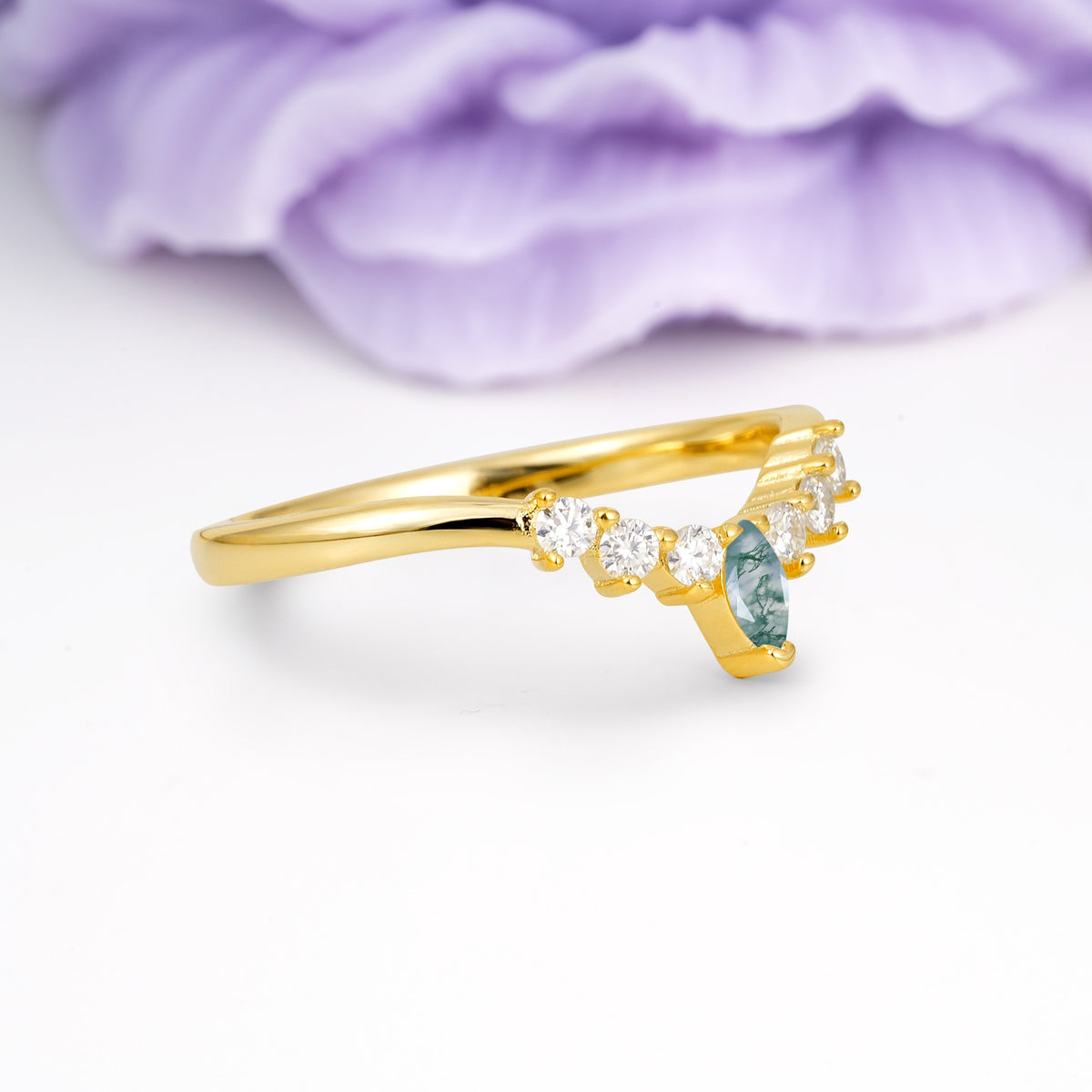 Classic, Minimalist 3-Prong Marquise Cut Moss Agate Wedding Ring - Additional view