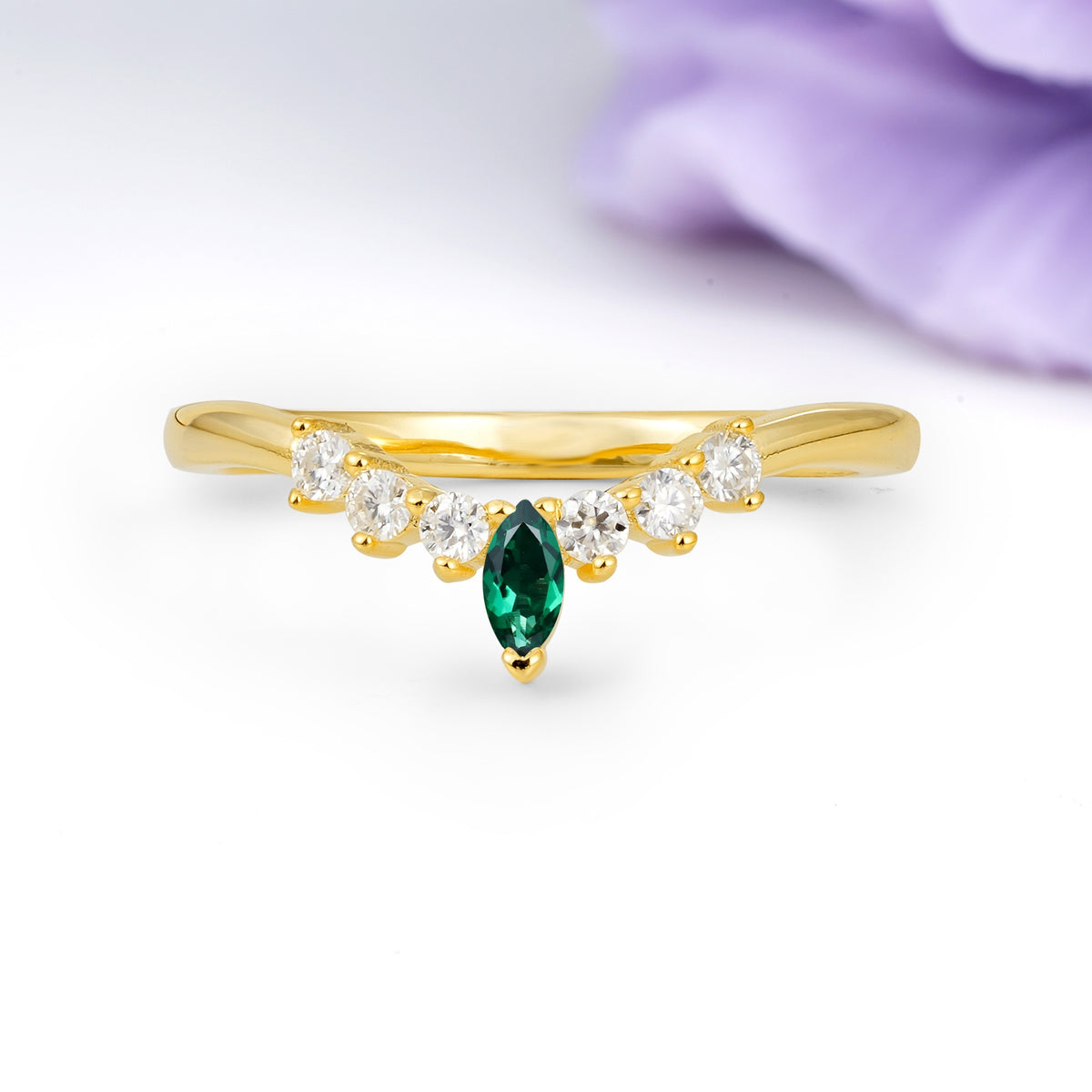 Classic, Minimalist 3-Prong Marquise Cut Emerald Wedding Ring - Additional view