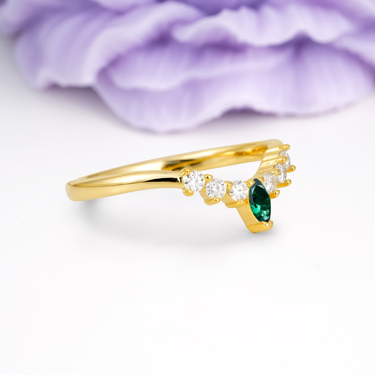 Classic, Minimalist 3-Prong Marquise Cut Emerald Wedding Ring - Additional view