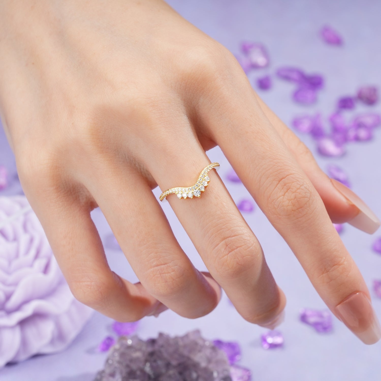 Graduated Pave V Tiara Moissanite Wedding Ring