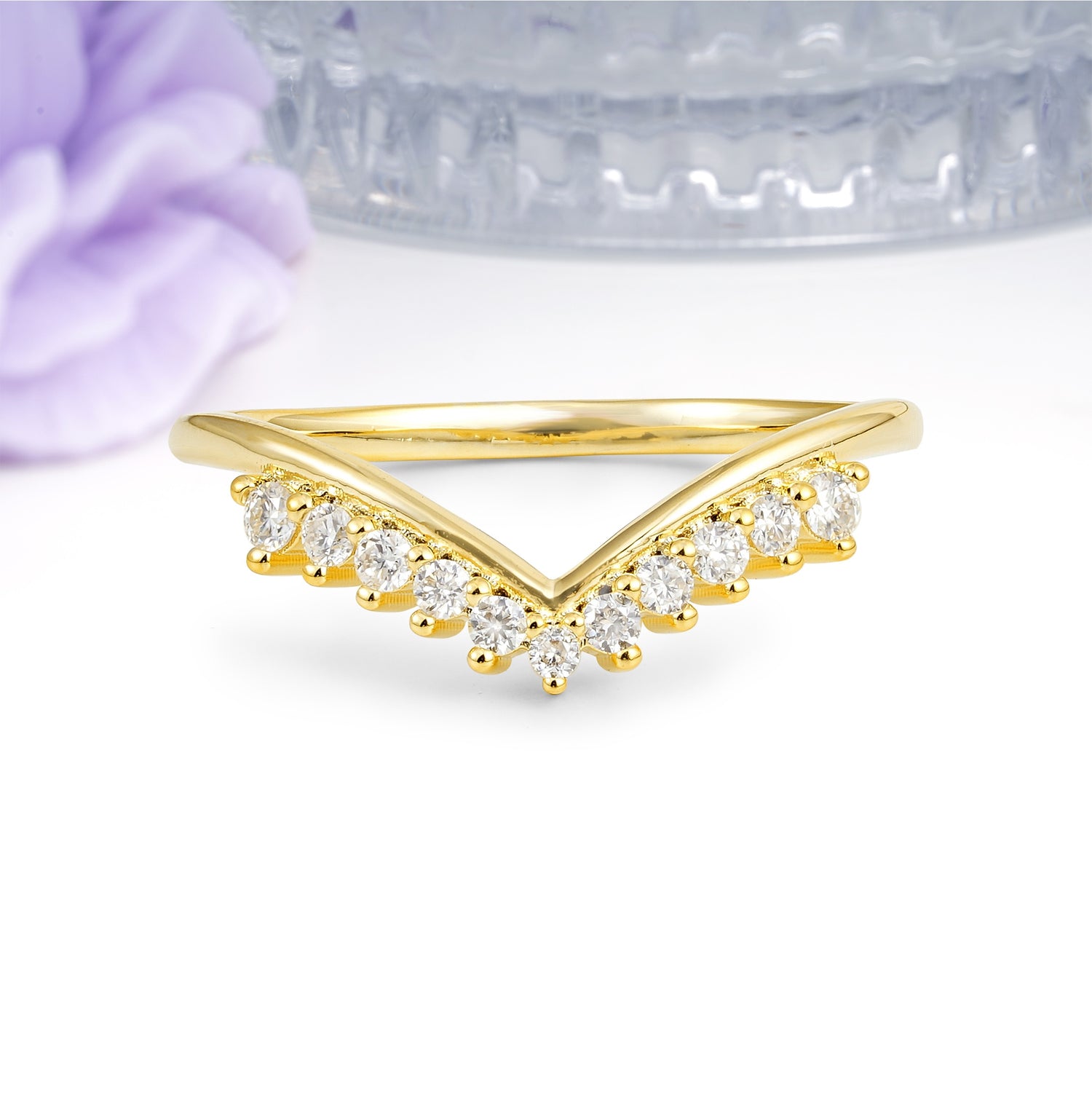 Soft Tiered Round Gem Curved V Chevron Stacking Moissanite Wedding Ring