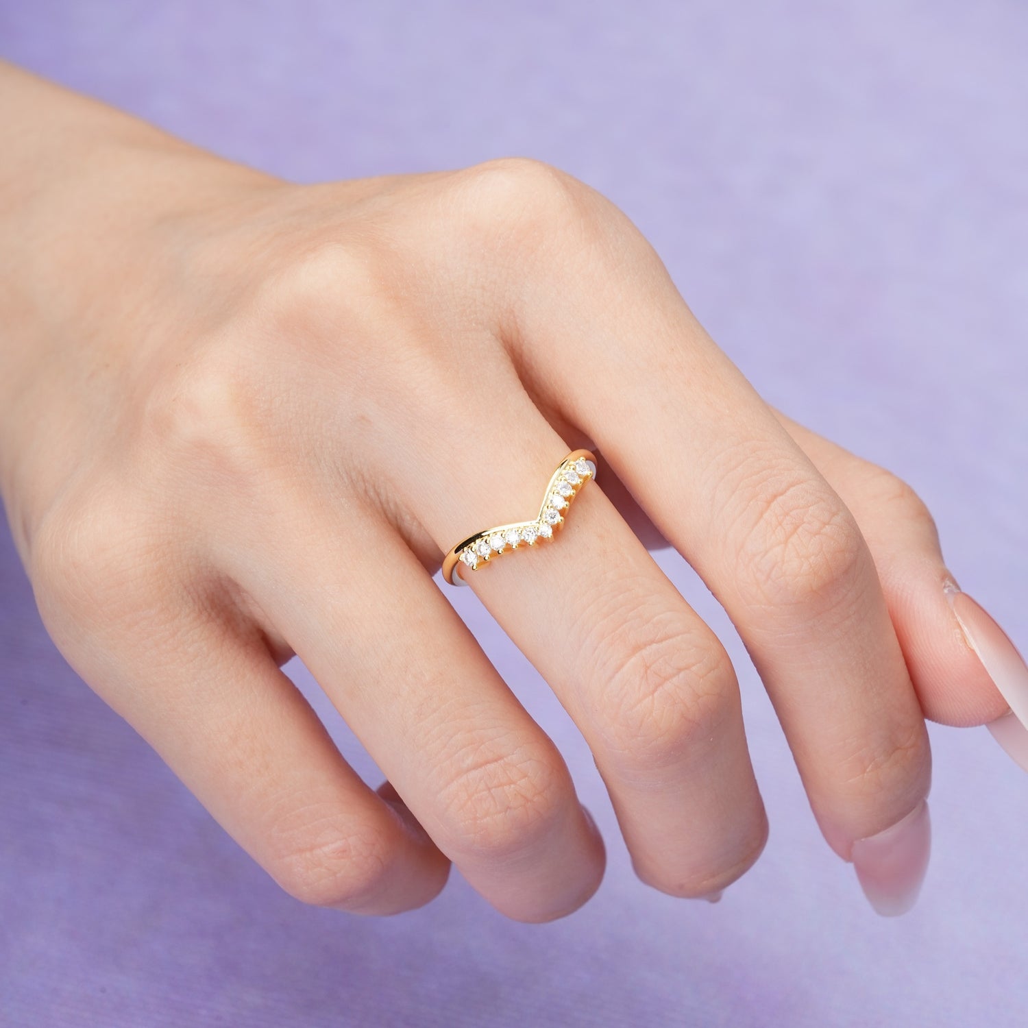 Soft Tiered Round Gem Curved V Chevron Stacking Moissanite Wedding Ring