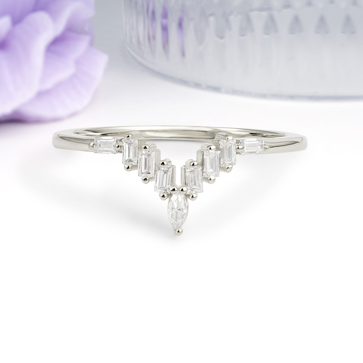 V Shaped Chevron Marquise Cut Baguette Step Stone Thin Band Moissanite Wedding Ring - Additional view
