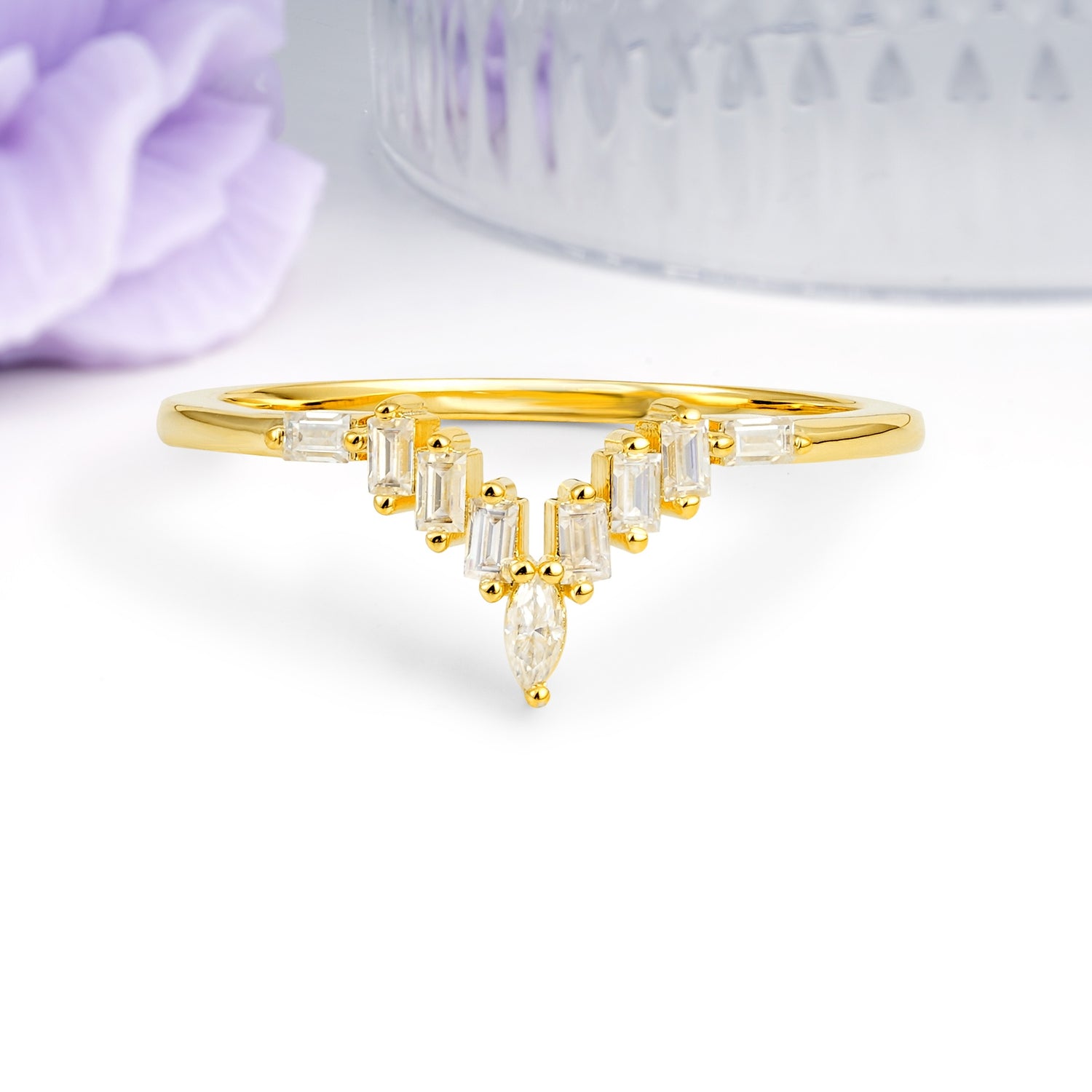 V Shaped Chevron Marquise Cut Baguette Step Stone Thin Band Moissanite Wedding Ring