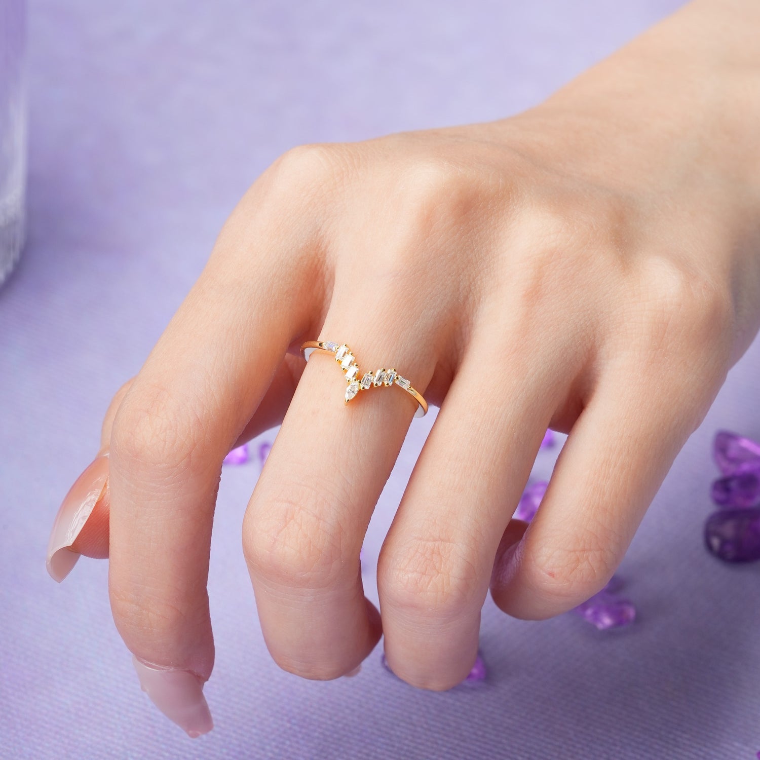 V Shaped Chevron Marquise Cut Baguette Step Stone Thin Band Moissanite Wedding Ring