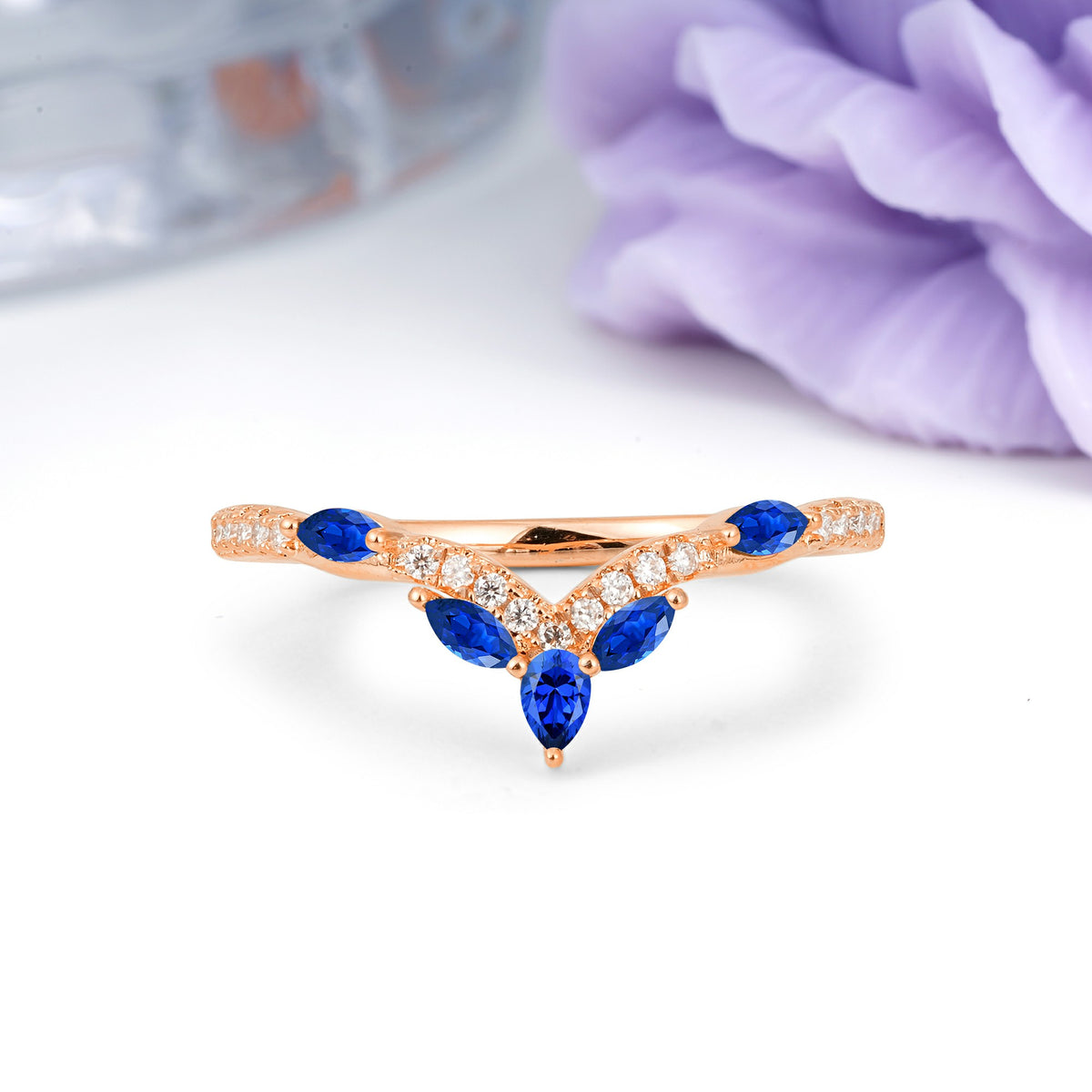 Glamorous Pave Pear‑Marquise V‑Chevron Sapphire Wedding Ring - Additional view