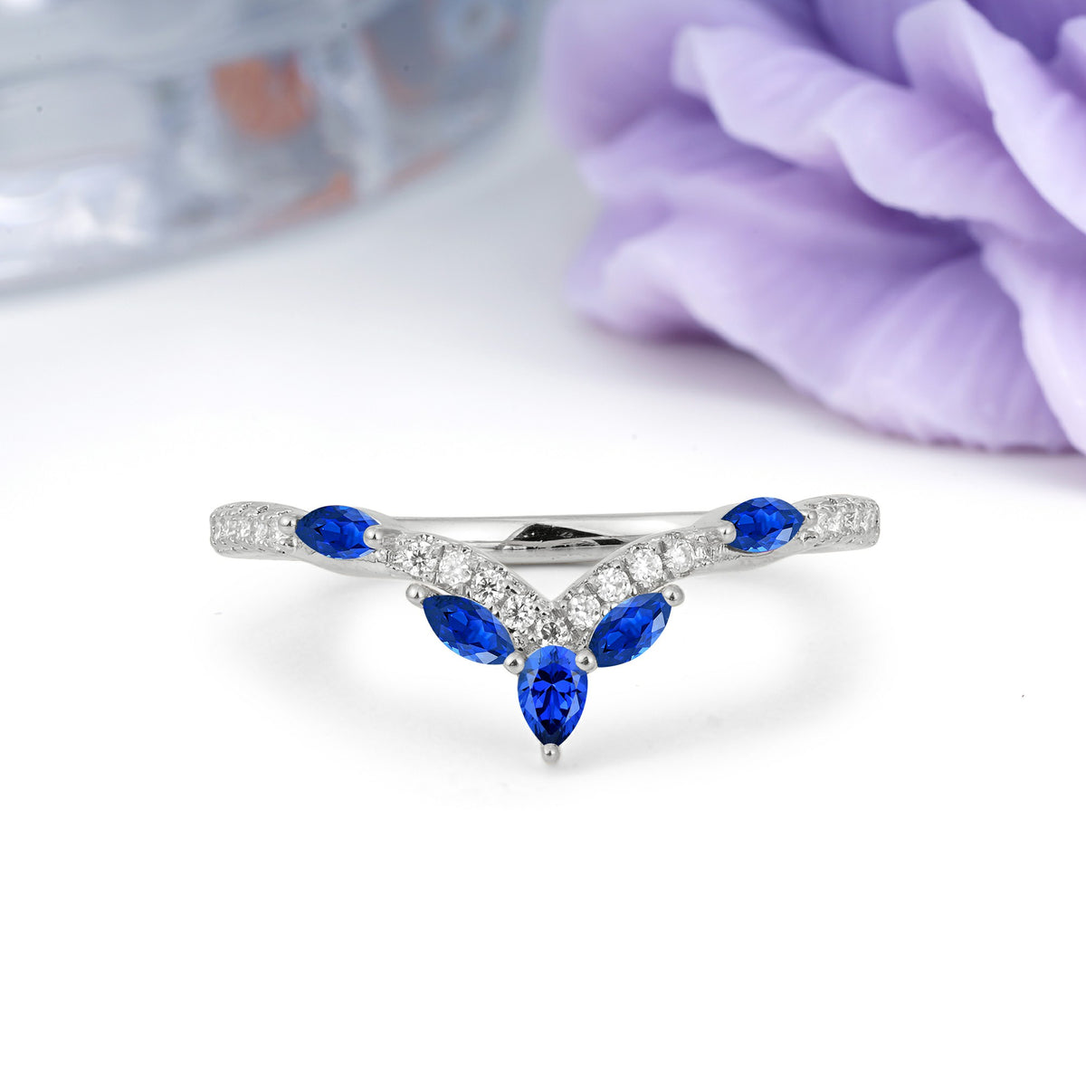 Glamorous Pave Pear‑Marquise V‑Chevron Sapphire Wedding Ring - Additional view