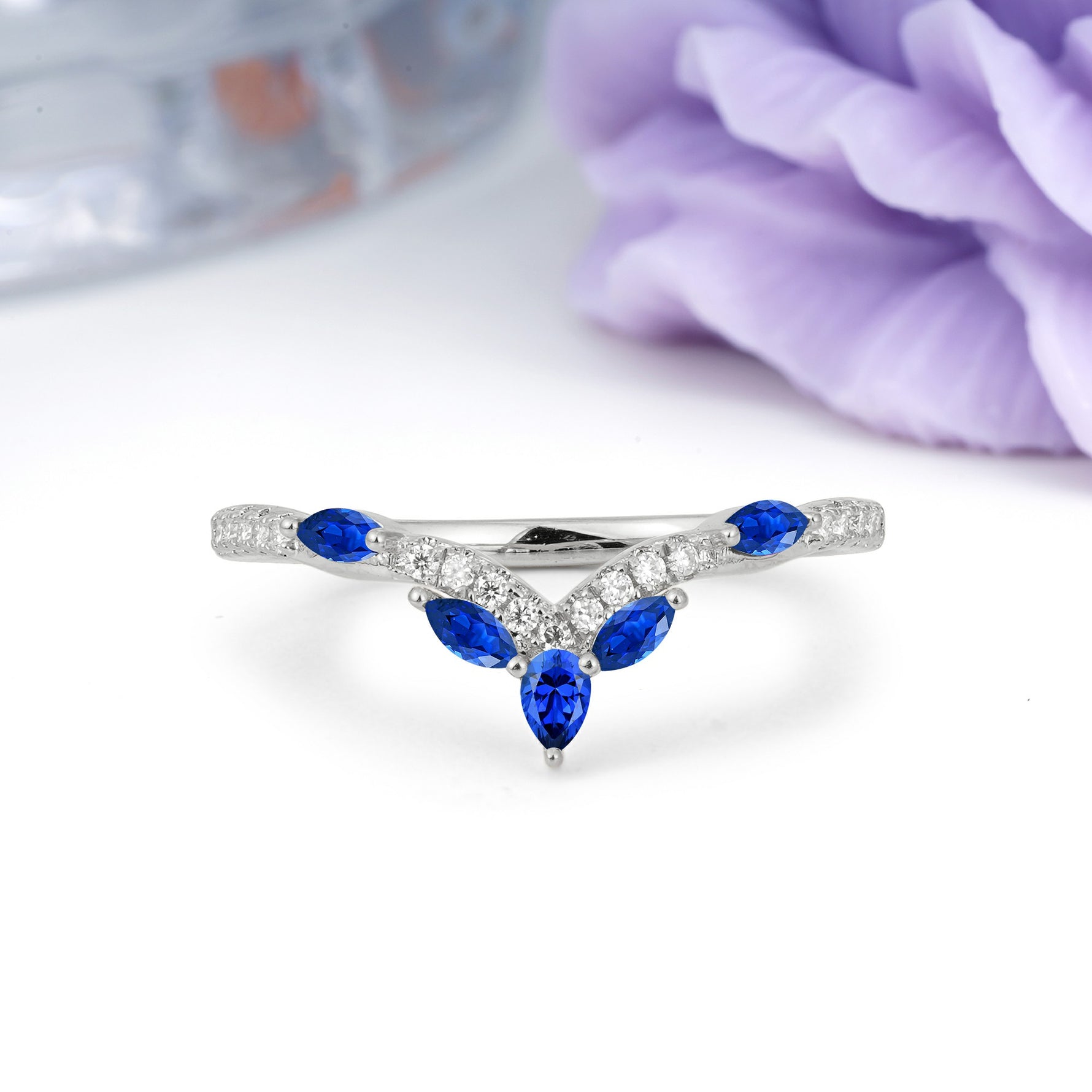 Glamorous Pave Pear‑Marquise V‑Chevron Sapphire Wedding Ring - Additional view