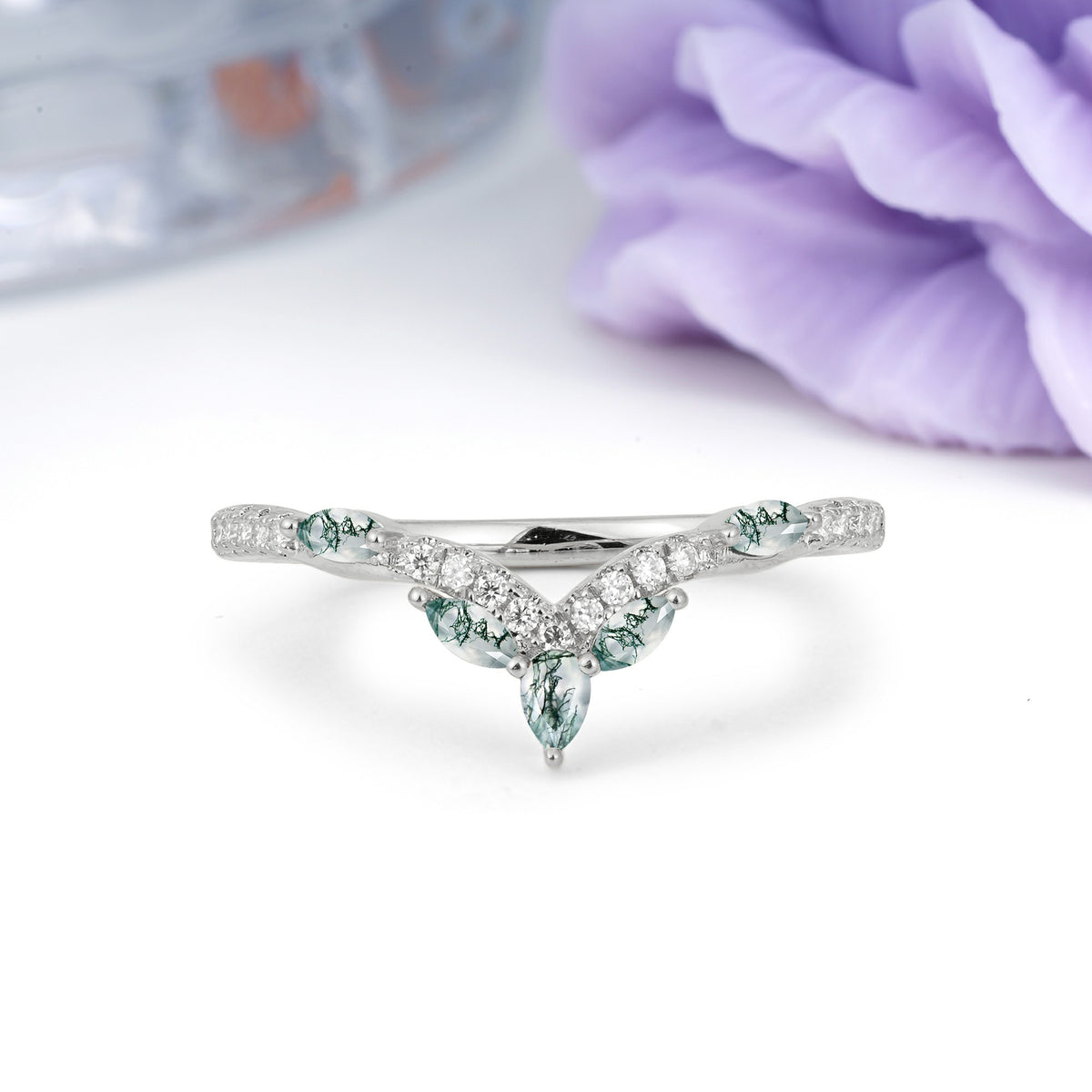 Glamorous Pave Pear‑Marquise V‑Chevron Moss Agate Wedding Ring - Additional view