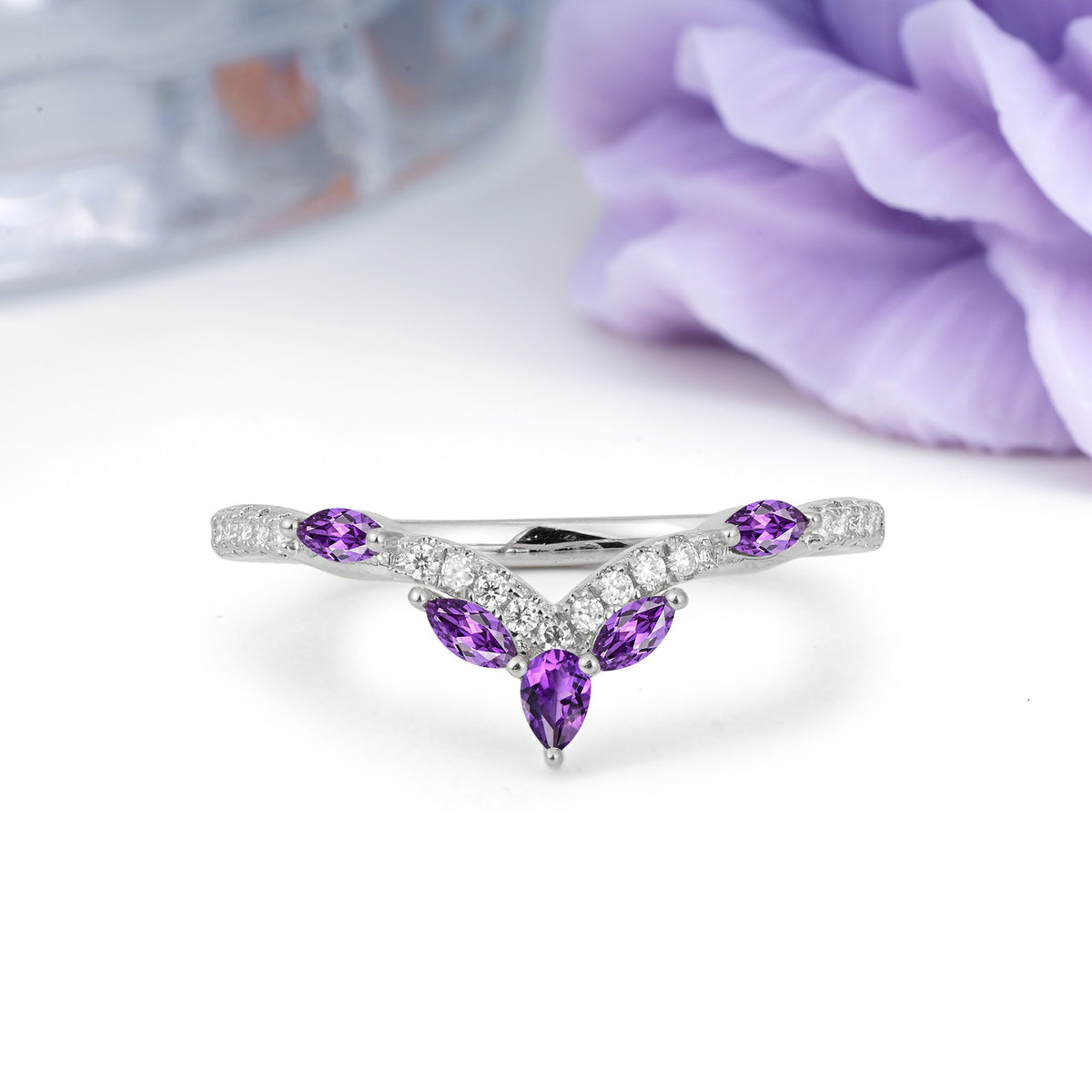 Glamorous Pave Pear‑Marquise V‑Chevron Amethyst Wedding Ring - Additional view