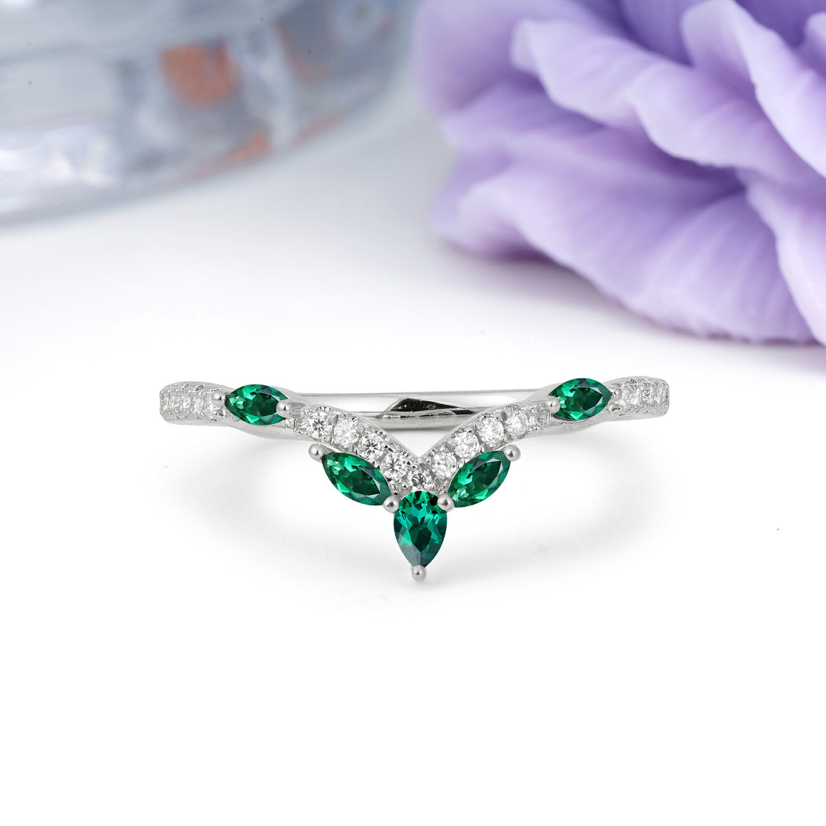 Glamorous Pave Pear‑Marquise V‑Chevron Emerald Wedding Ring - Additional view