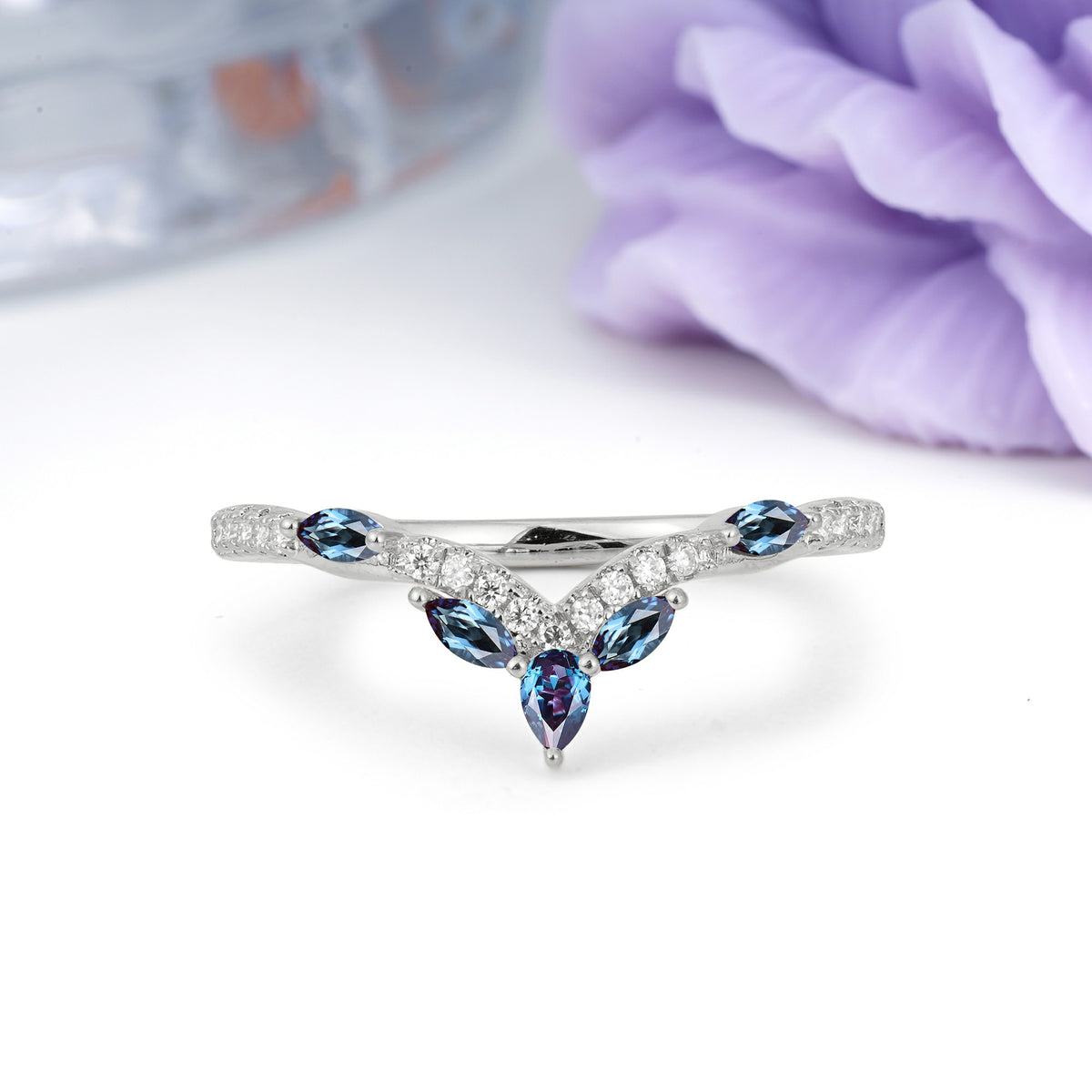Glamorous Pave Pear‑Marquise V‑Chevron Alexandrite Wedding Ring - Additional view