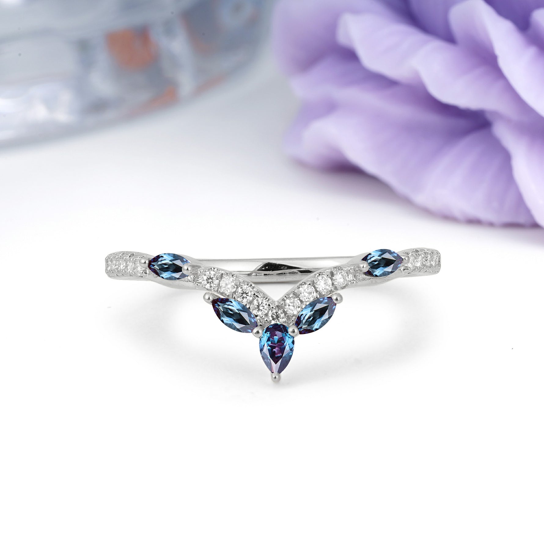 Glamorous Pave Pear‑Marquise V‑Chevron Alexandrite Wedding Ring - Additional view