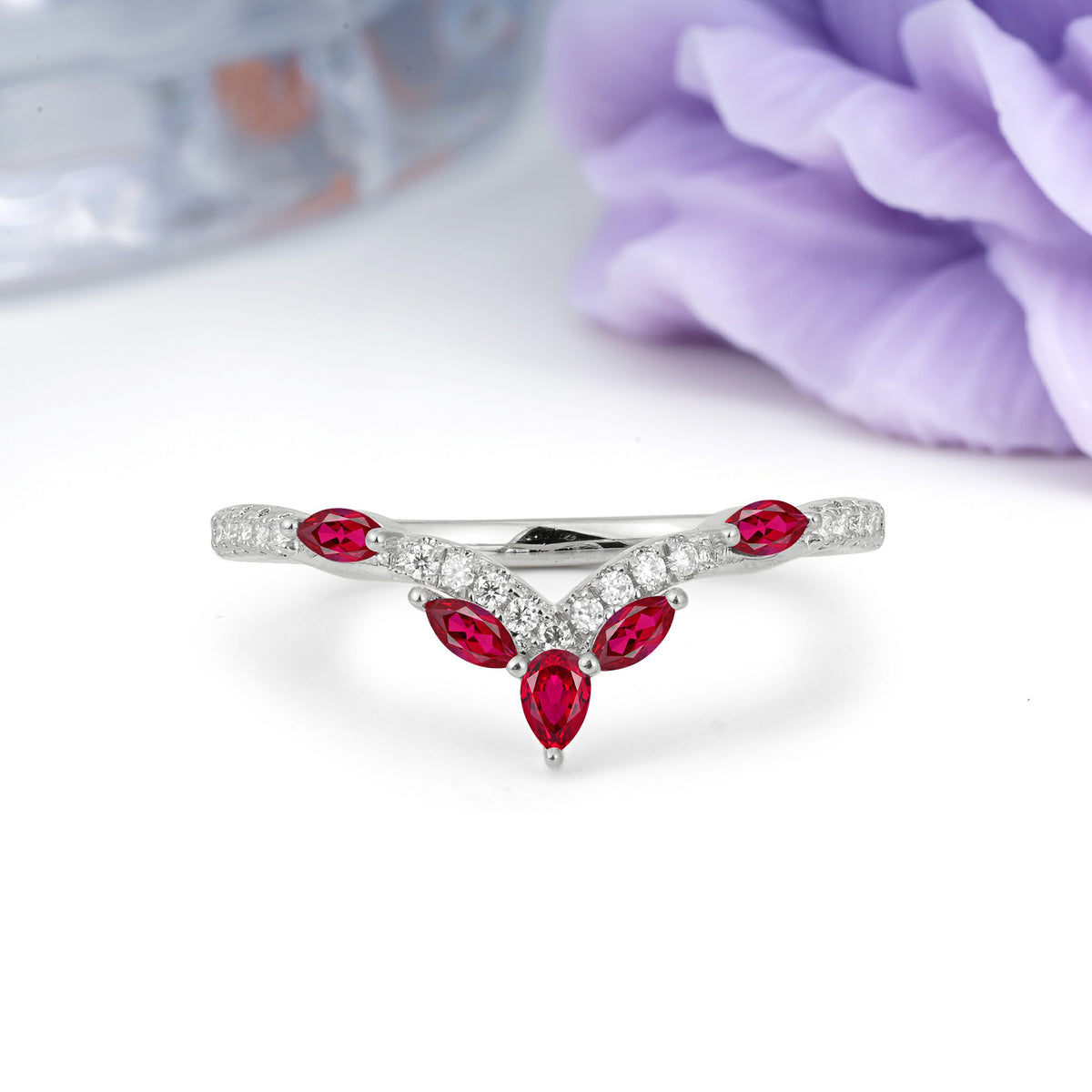 Glamorous Pave Pear‑Marquise V‑Chevron Ruby Wedding Ring - Additional view