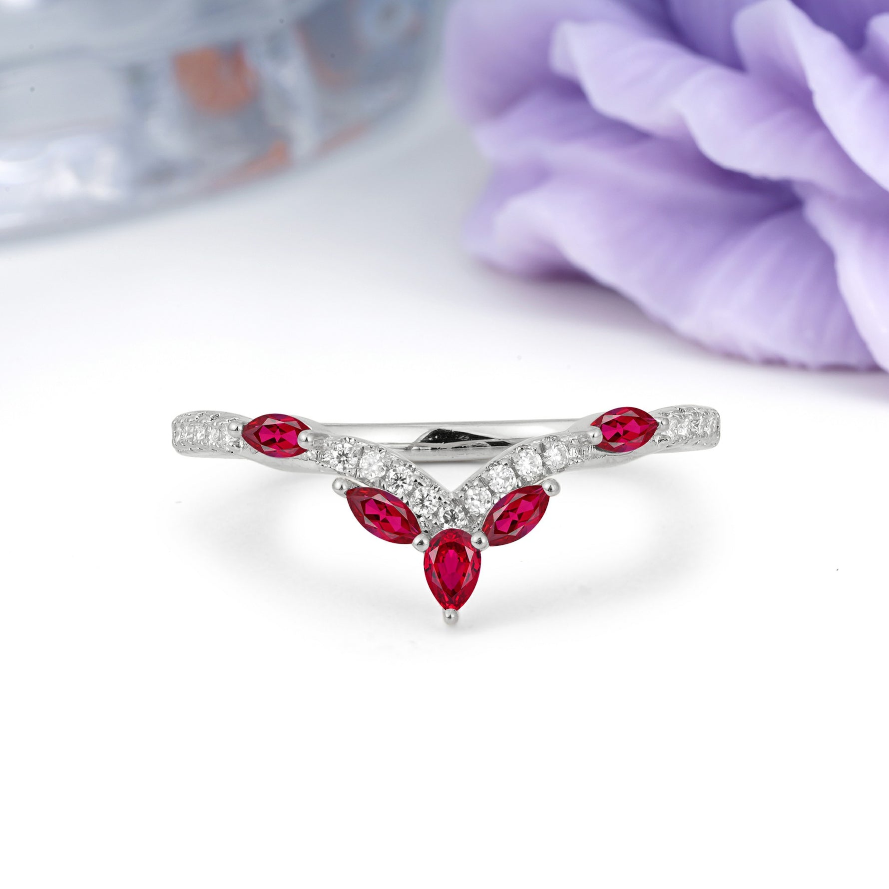 Glamorous Pave Pear‑Marquise V‑Chevron Ruby Wedding Ring - Additional view