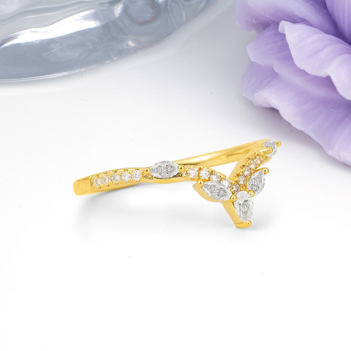 Glamorous Pave Pear‑Marquise V‑Chevron Moissanite Wedding Ring - Additional view