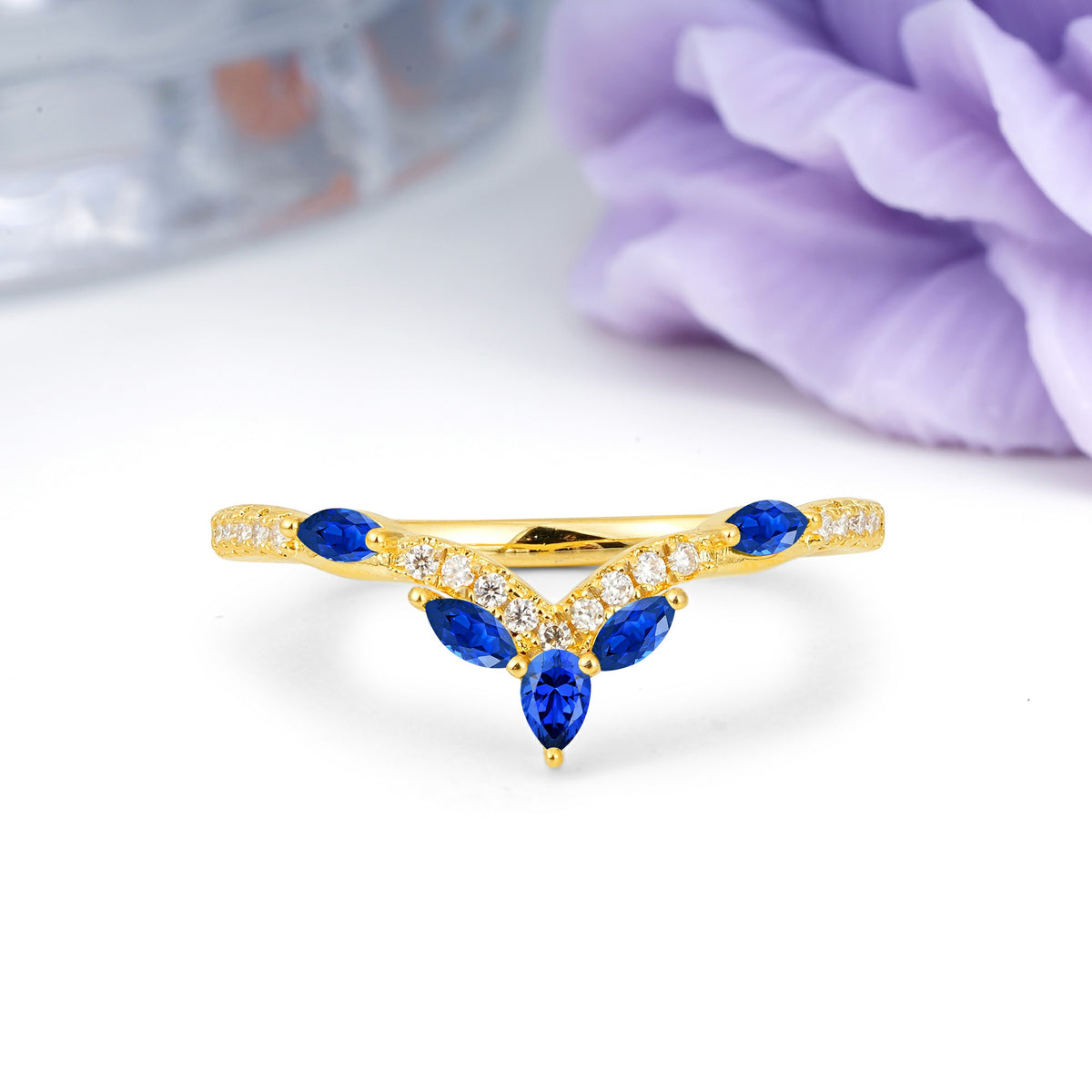 Glamorous Pave Pear‑Marquise V‑Chevron Sapphire Wedding Ring - Additional view