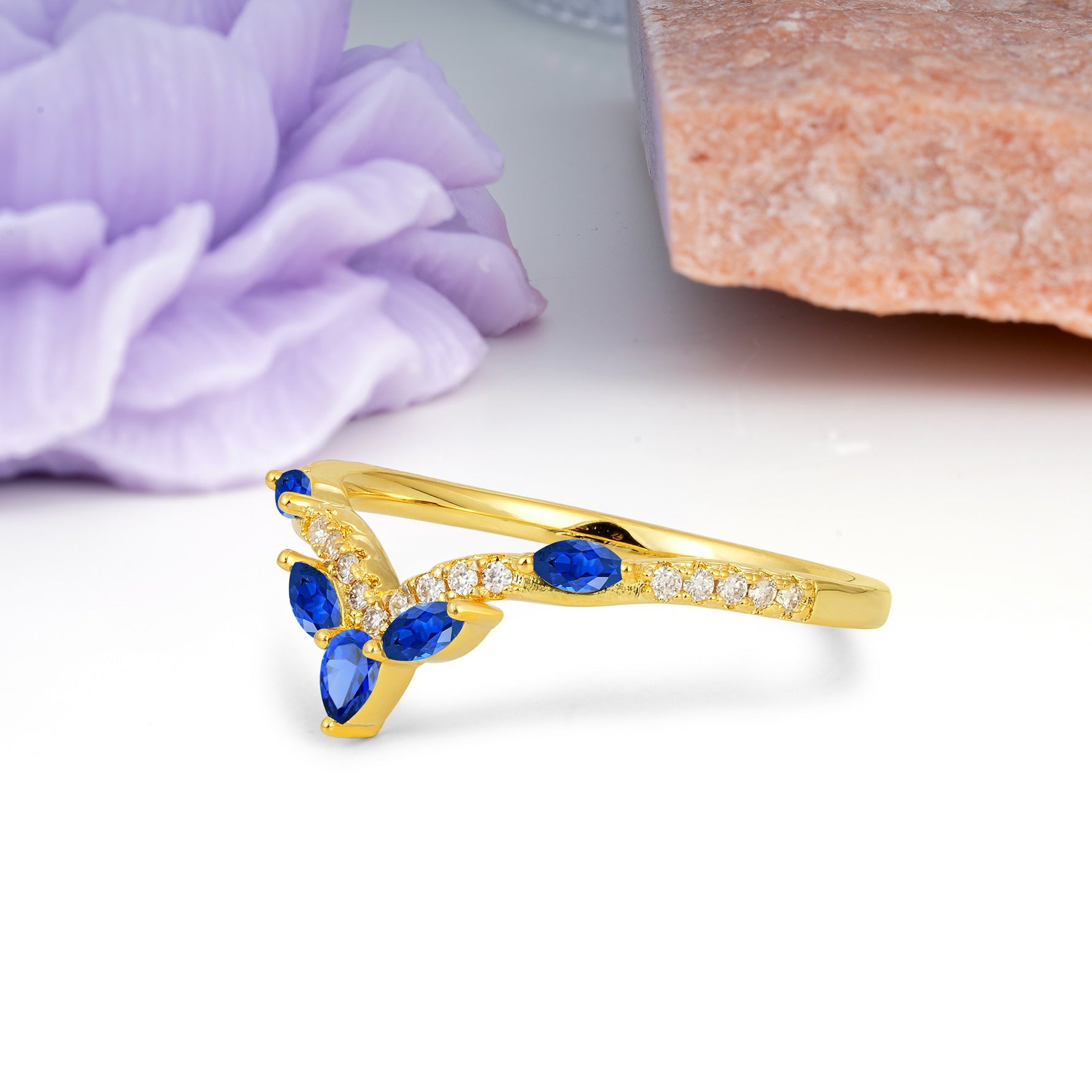 Glamorous Pave Pear‑Marquise V‑Chevron Sapphire Wedding Ring - Additional view