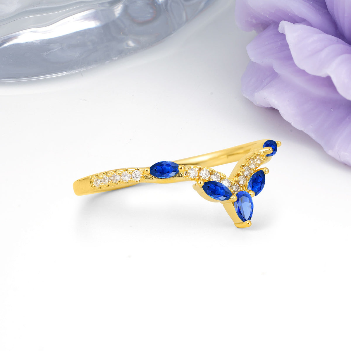 Glamorous Pave Pear‑Marquise V‑Chevron Sapphire Wedding Ring - Additional view
