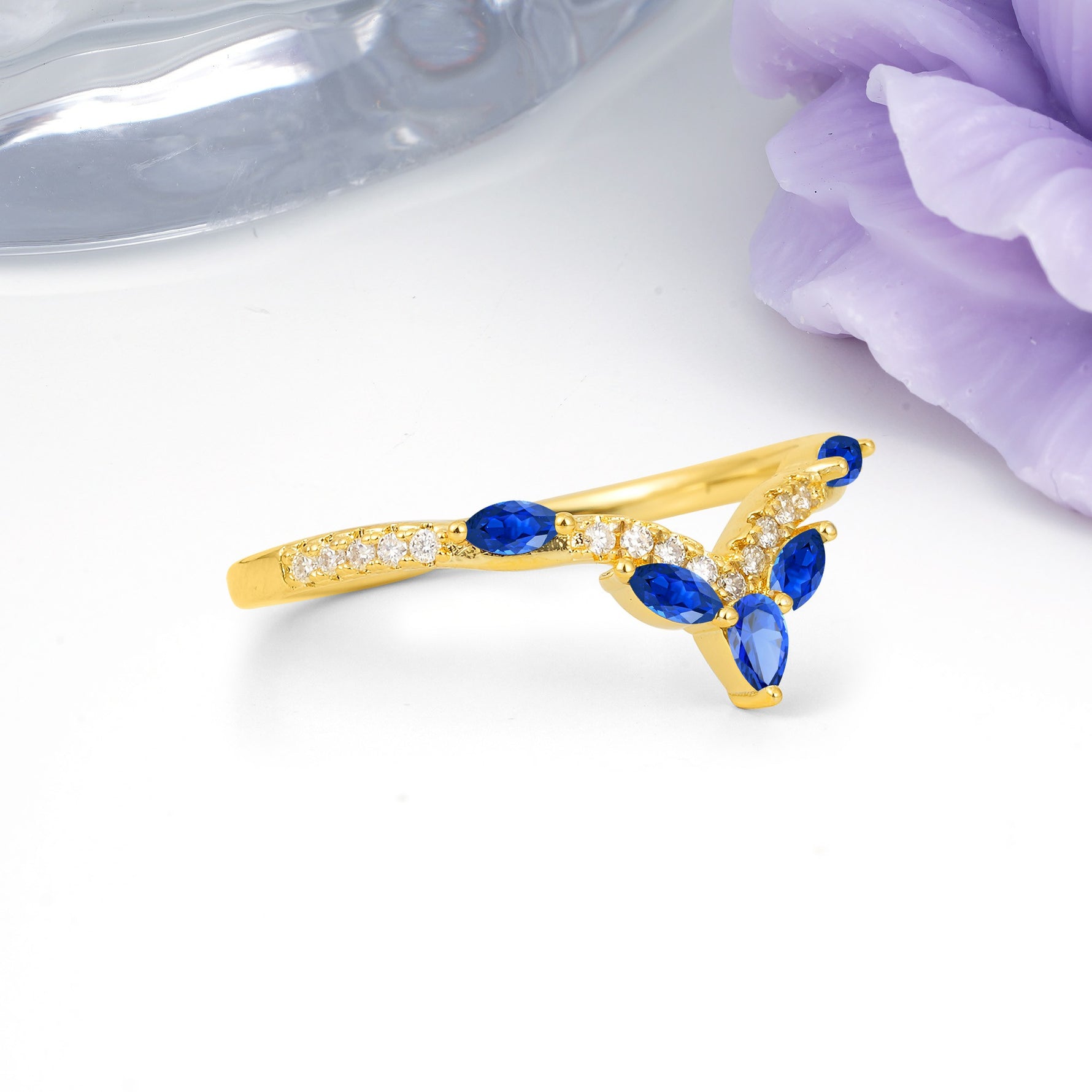 Glamorous Pave Pear‑Marquise V‑Chevron Sapphire Wedding Ring - Additional view