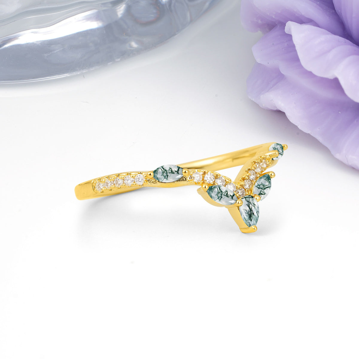 Glamorous Pave Pear‑Marquise V‑Chevron Moss Agate Wedding Ring - Additional view