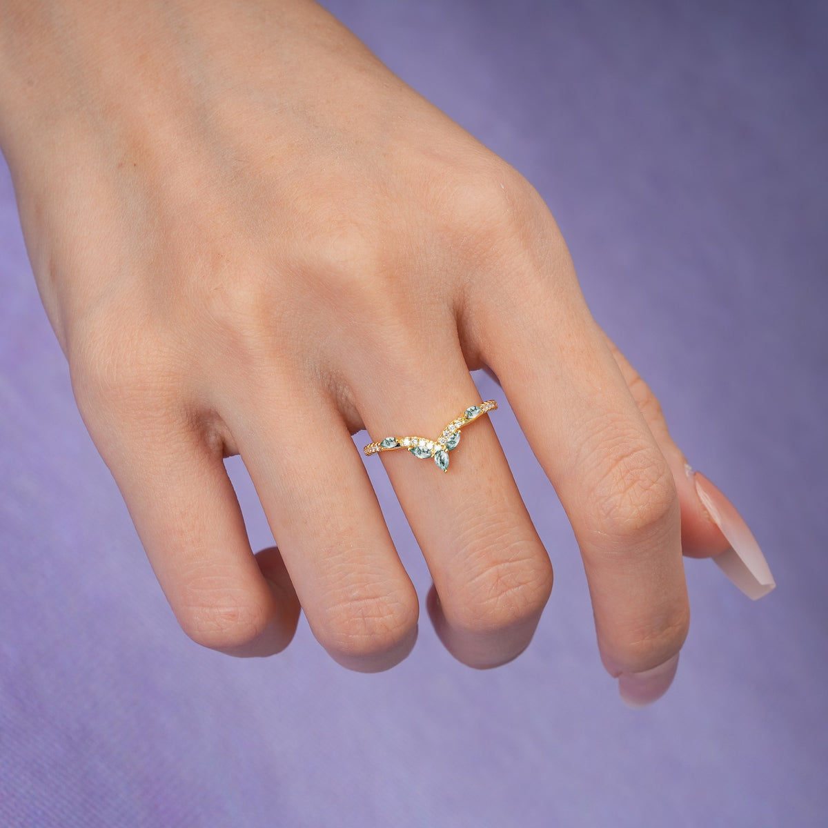 Glamorous Pave Pear‑Marquise V‑Chevron Moss Agate Wedding Ring - Additional view