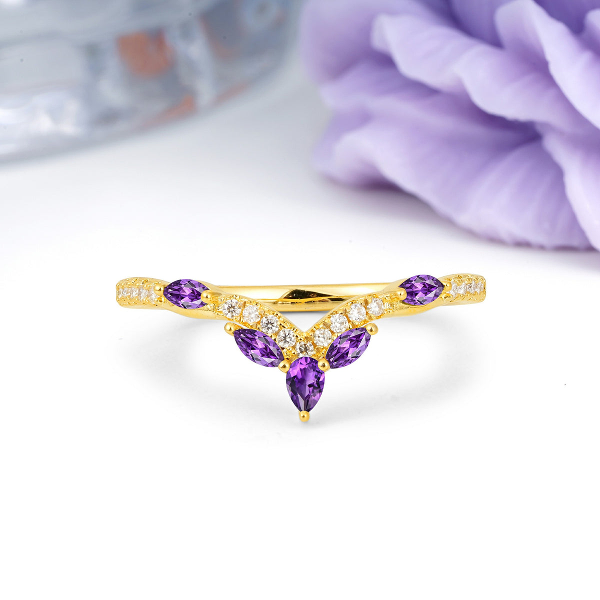Glamorous Pave Pear‑Marquise V‑Chevron Amethyst Wedding Ring - Additional view