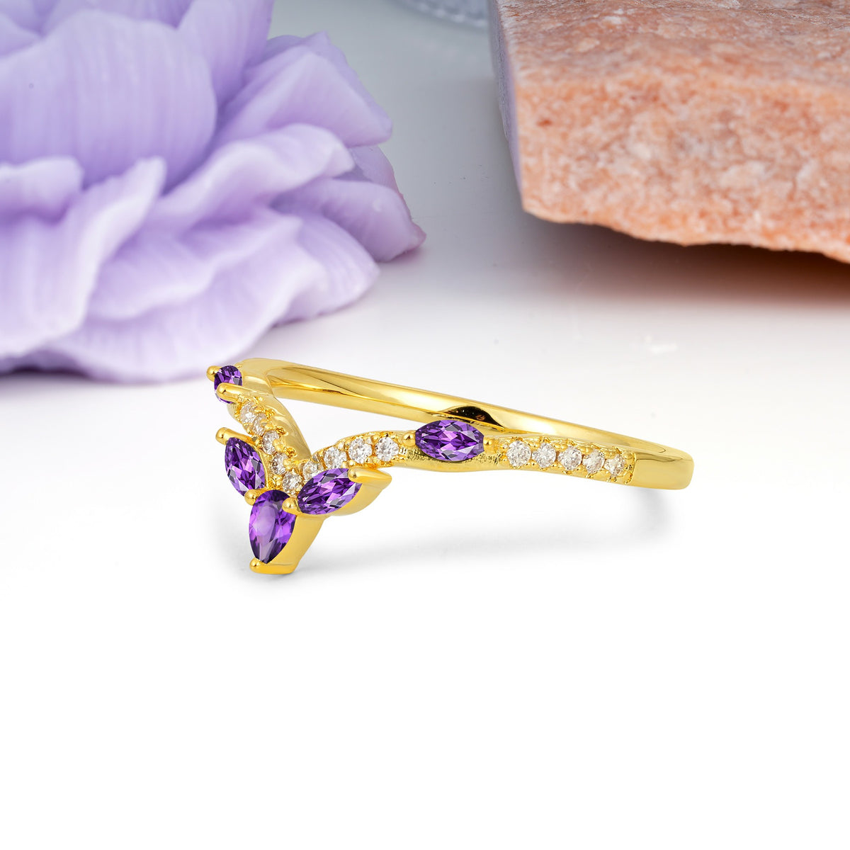 Glamorous Pave Pear‑Marquise V‑Chevron Amethyst Wedding Ring - Additional view