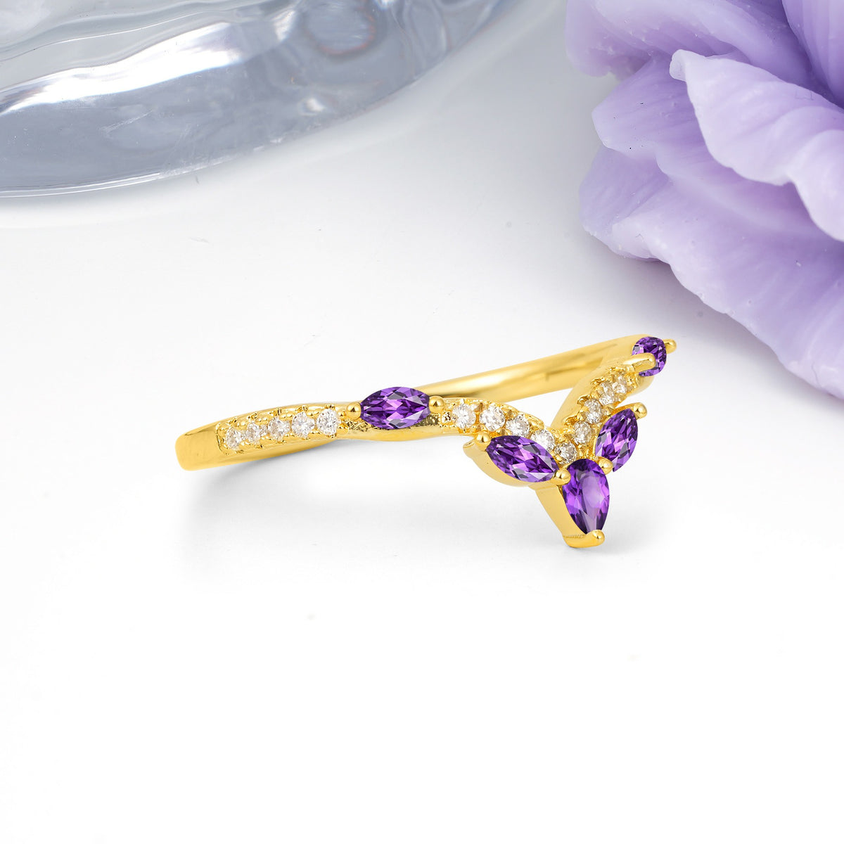 Glamorous Pave Pear‑Marquise V‑Chevron Amethyst Wedding Ring - Additional view