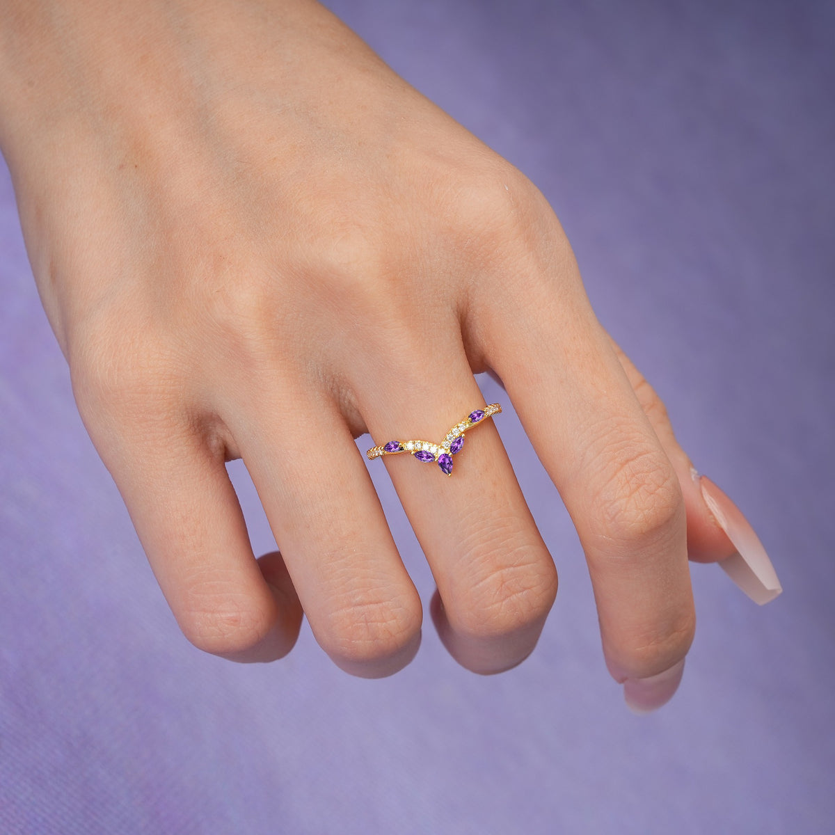 Glamorous Pave Pear‑Marquise V‑Chevron Amethyst Wedding Ring - Additional view
