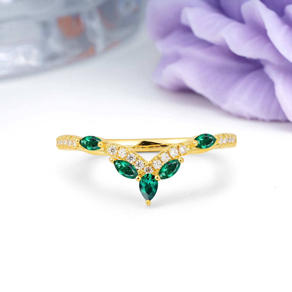 Glamorous Pave Pear‑Marquise V‑Chevron Emerald Wedding Ring - Additional view