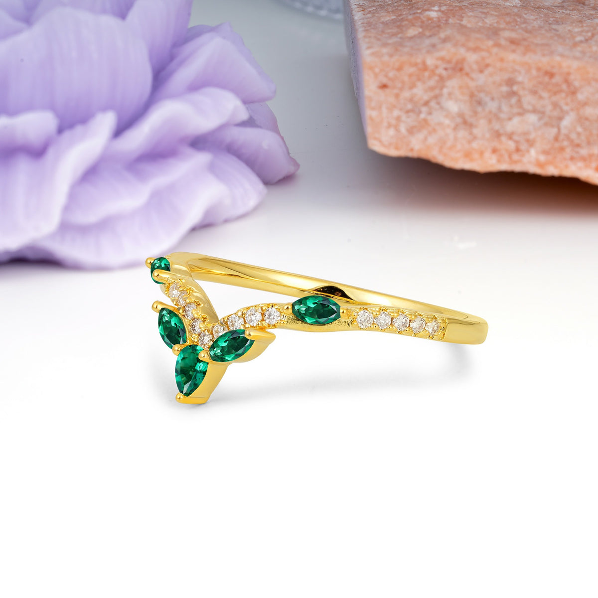 Glamorous Pave Pear‑Marquise V‑Chevron Emerald Wedding Ring - Additional view