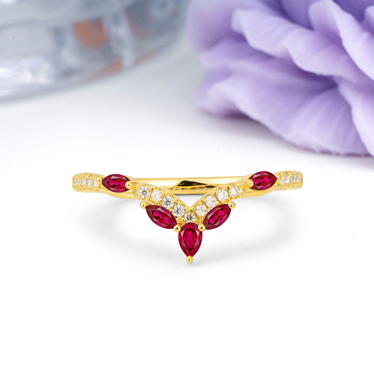 Glamorous Pave Pear‑Marquise V‑Chevron Ruby Wedding Ring - Additional view