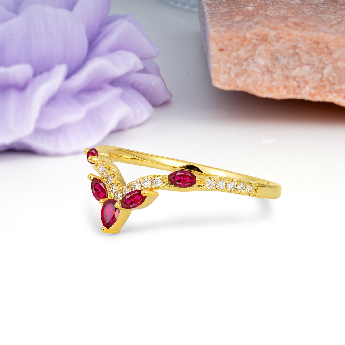 Glamorous Pave Pear‑Marquise V‑Chevron Ruby Wedding Ring - Additional view