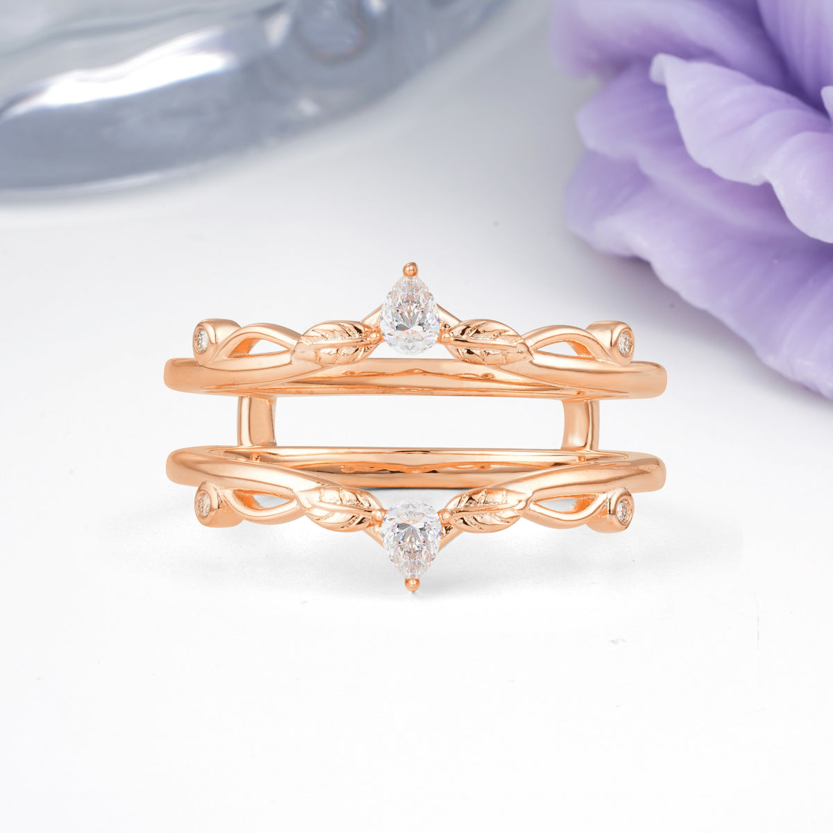 Majestical Pave Pear Cut Leaf?Vine Double?Band Moissanite Enhancer Wedding Ring - Additional view