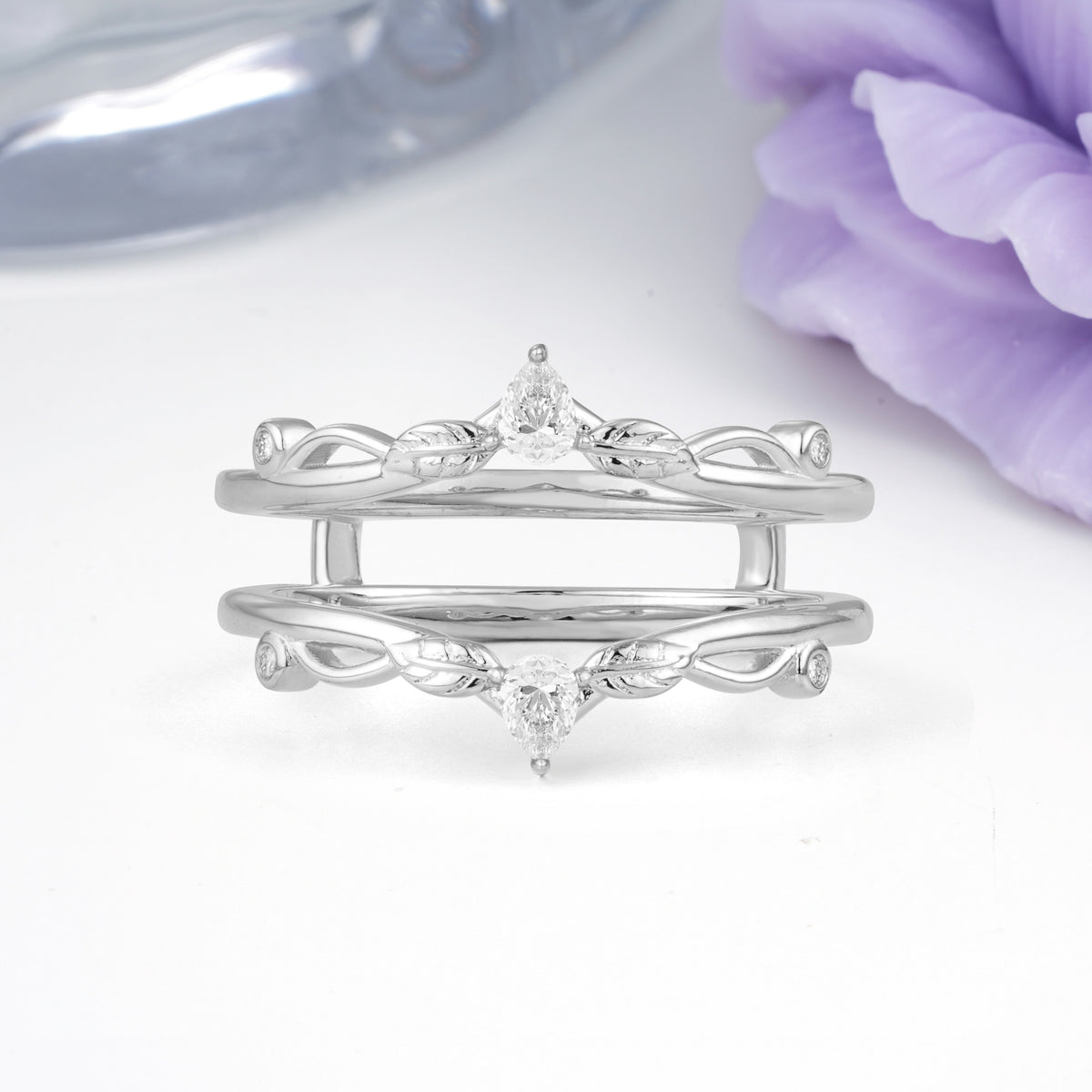 Majestical Pave Pear Cut Leaf?Vine Double?Band Moissanite Enhancer Wedding Ring - Additional view
