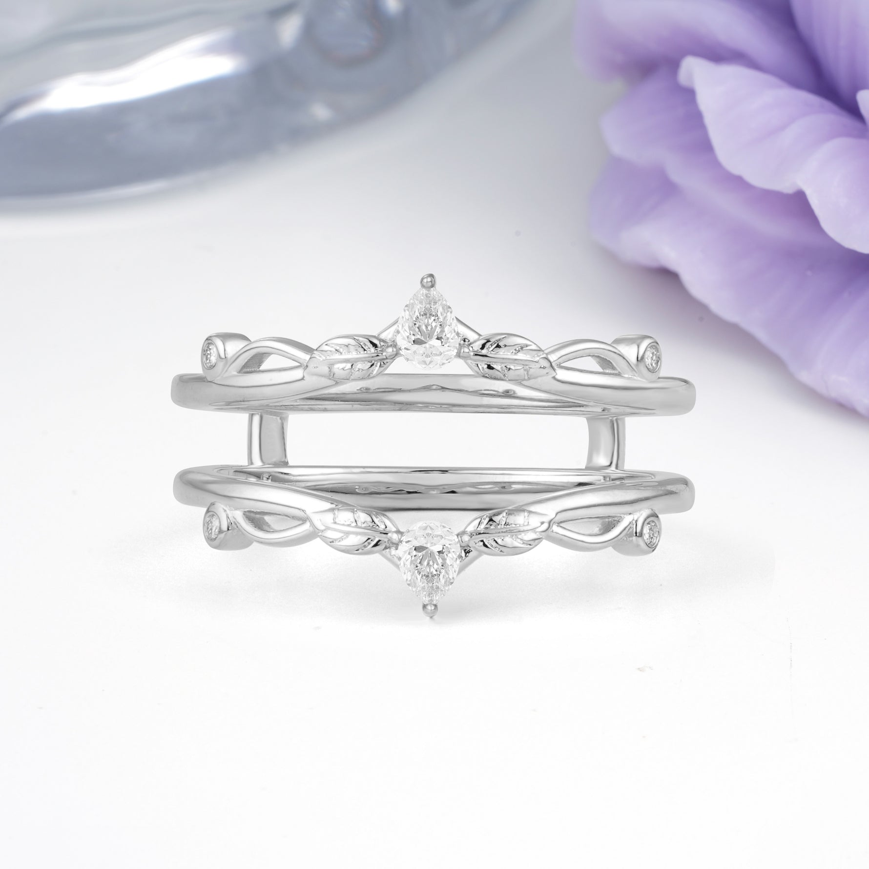 Majestical Pave Pear Cut Leaf?Vine Double?Band Moissanite Enhancer Wedding Ring - Additional view