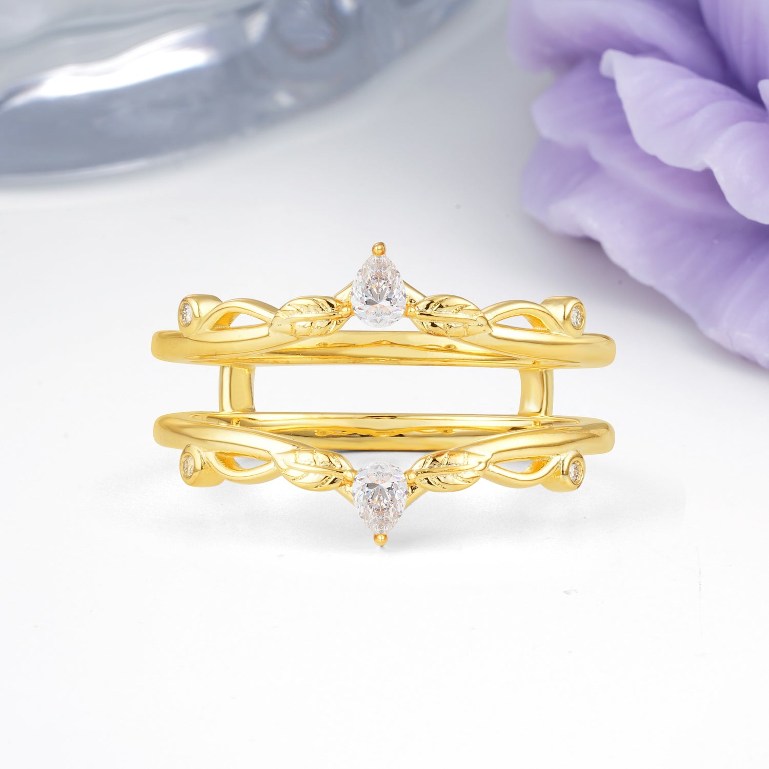 Majestical Pave Pear Cut Leaf?Vine Double?Band Moissanite Enhancer Wedding Ring - Additional view