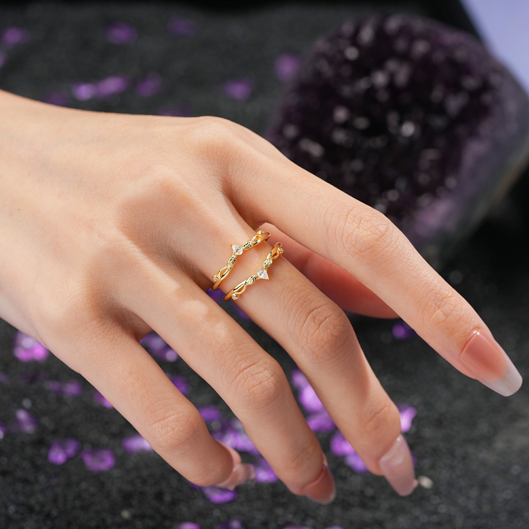 Majestical Pave Pear Cut Leaf?Vine Double?Band Moissanite Enhancer Wedding Ring - Additional view