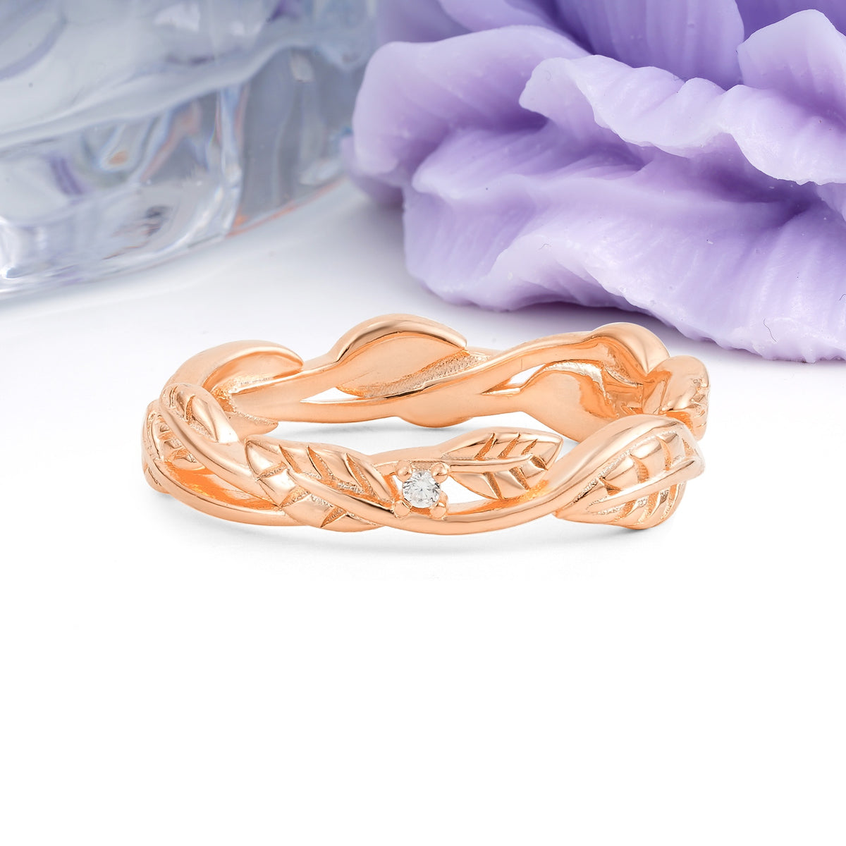Bohemian Hollow Interwoven Leaf Tiny Center Round Cut Moissanite Wedding Ring - Additional view