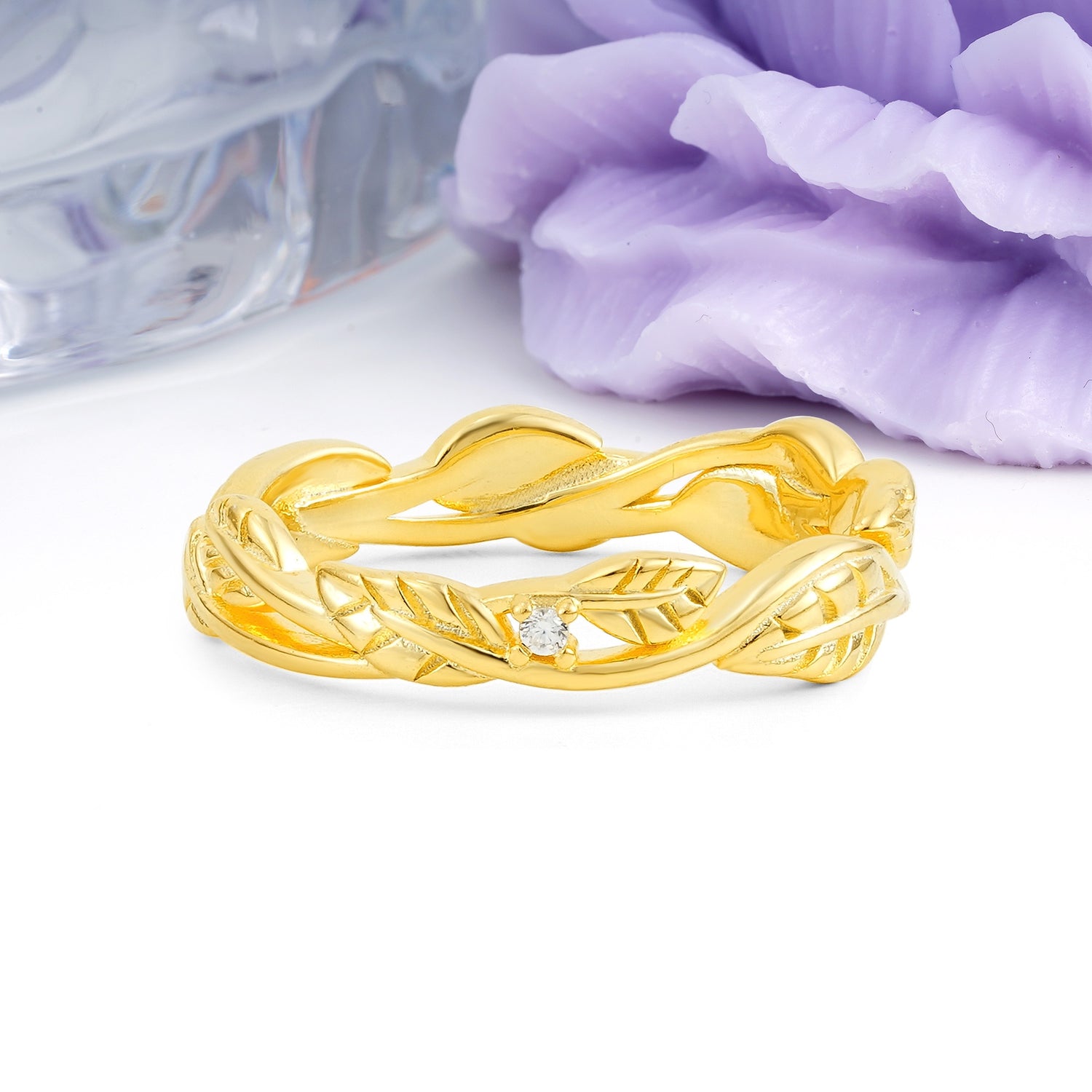 Bohemian Hollow Interwoven Leaf Tiny Center Round Cut Moissanite Wedding Ring