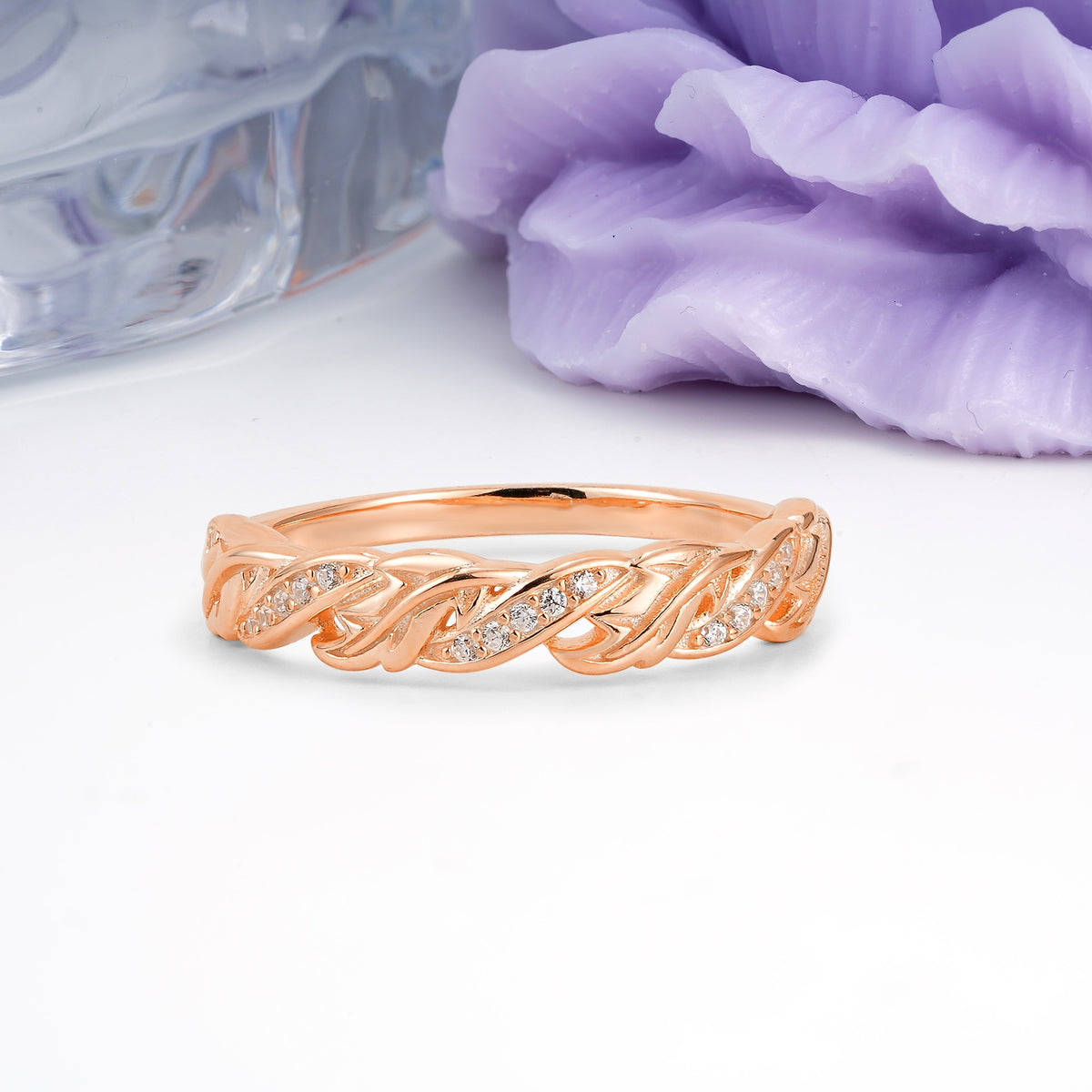 High Sparkle Side Pave Moissanite Carved Grain Branch Round Cut Moissanite Wedding Ring - Additional view