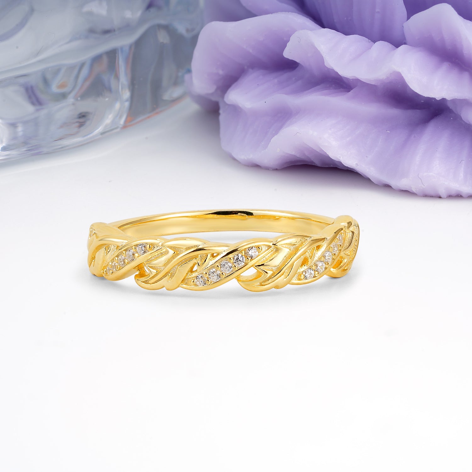 High Sparkle Side Pave Moissanite Carved Grain Branch Round Cut Moissanite Wedding Ring