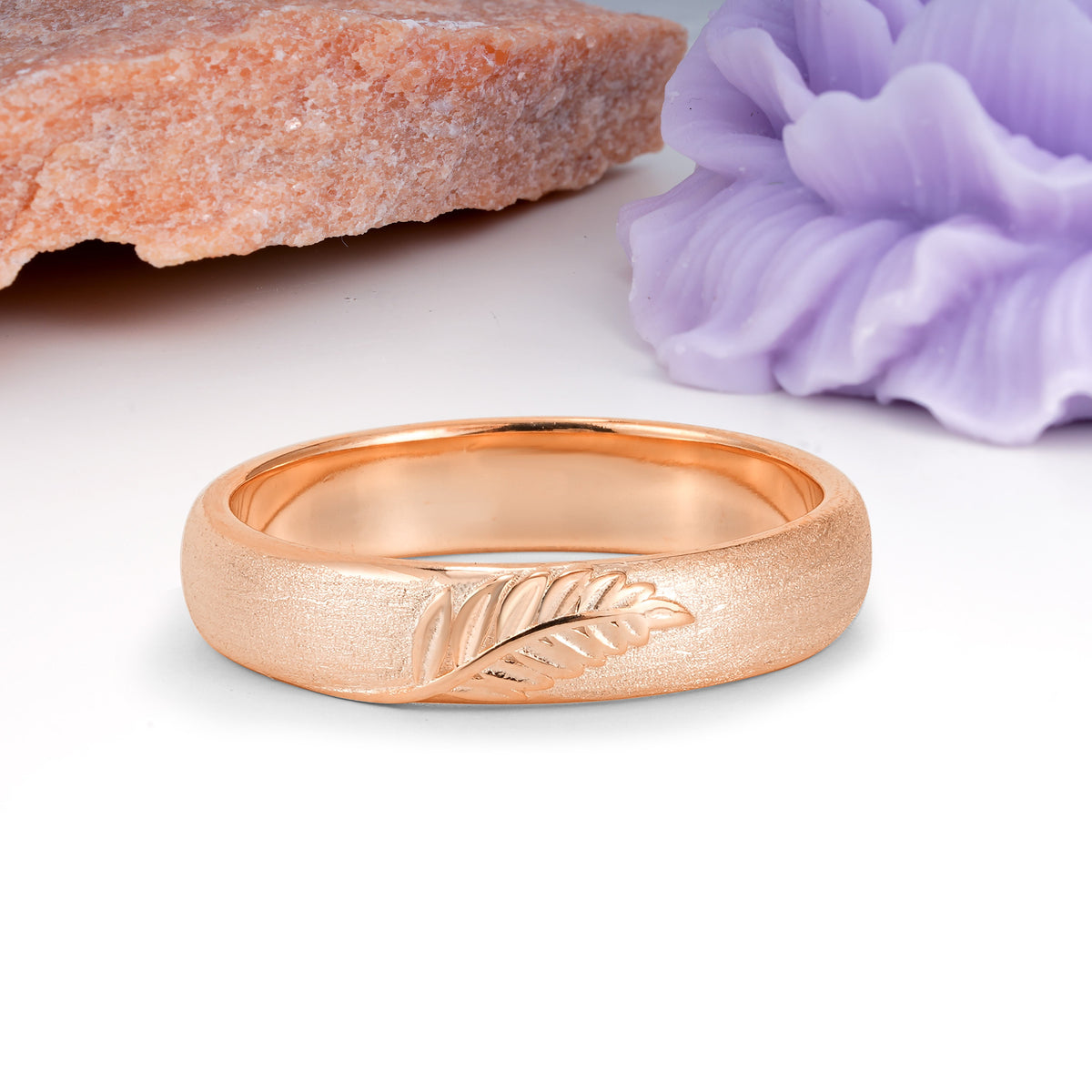 Velvety Satin-Finish Feather-Carved Wedding Ring - Additional view
