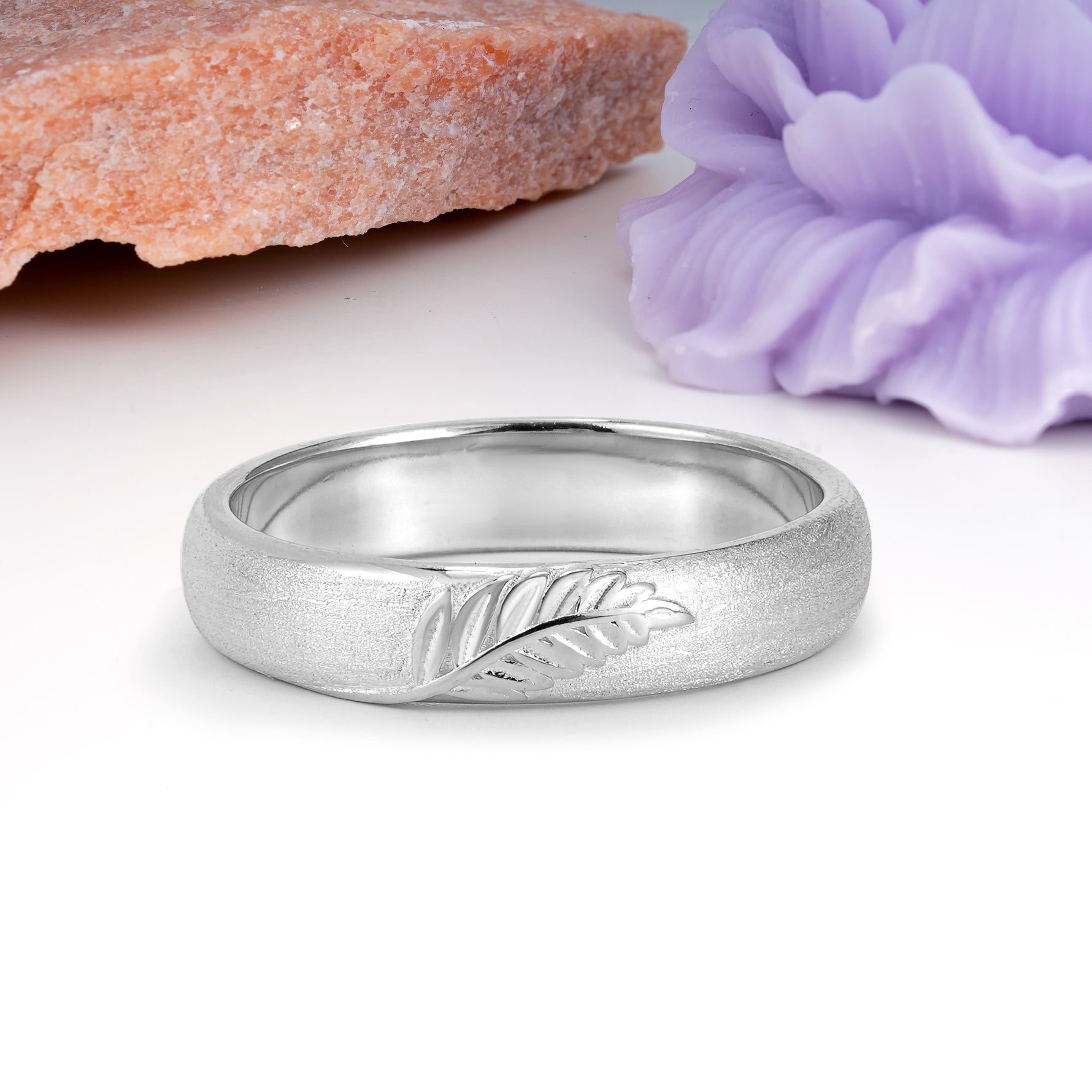 Velvety Satin-Finish Feather-Carved Wedding Ring - Additional view